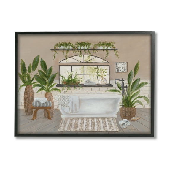 Stupell Lather Rinse Soak Bathroom Greenery Typography Painting Black Framed Art Print Wall Art