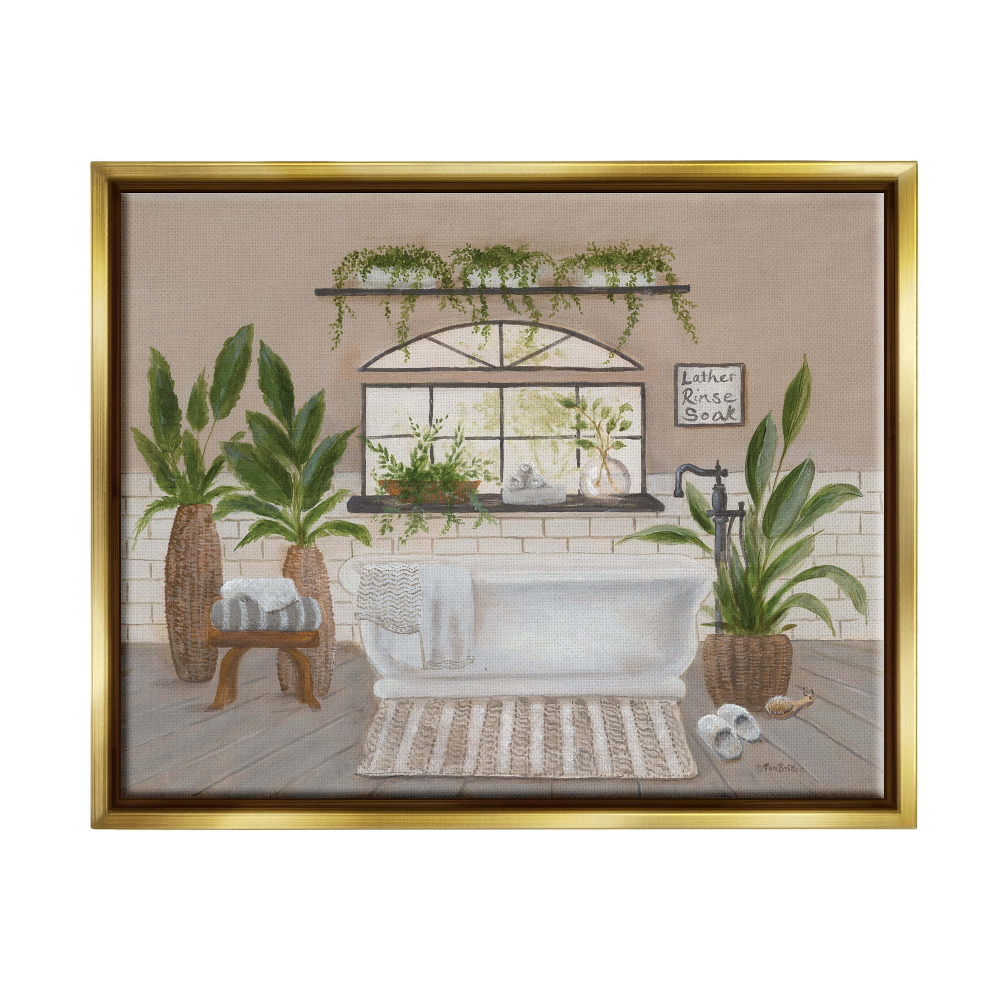 Stupell Lather Rinse Soak Bathroom Greenery Typography Painting Gold Floater Framed Art Print Wall Art