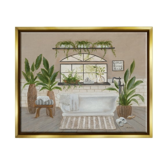 Stupell Lather Rinse Soak Bathroom Greenery Typography Painting Gold Floater Framed Art Print Wall Art