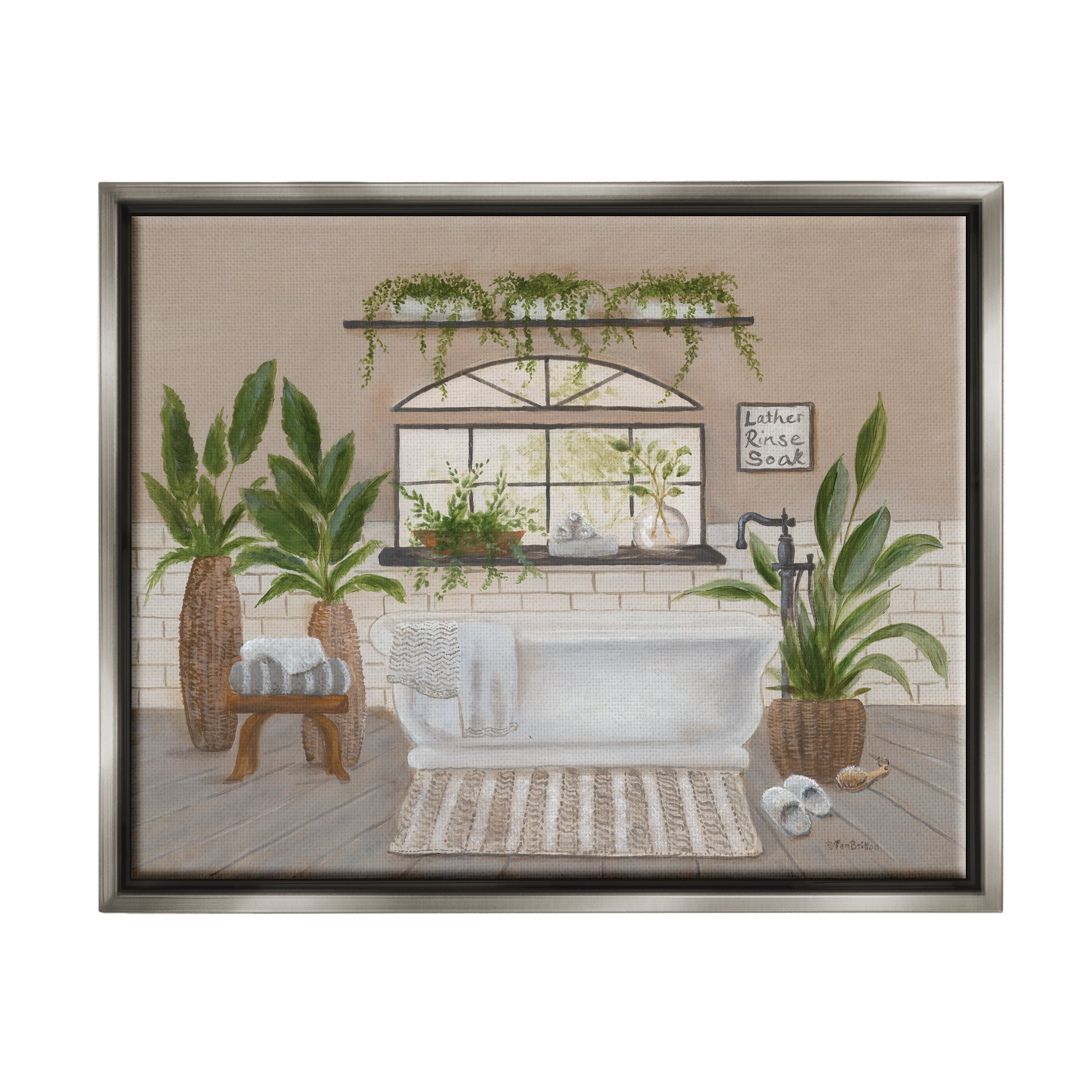 Stupell Lather Rinse Soak Bathroom Greenery Typography Painting Gray Floater Framed Art Print Wall Art