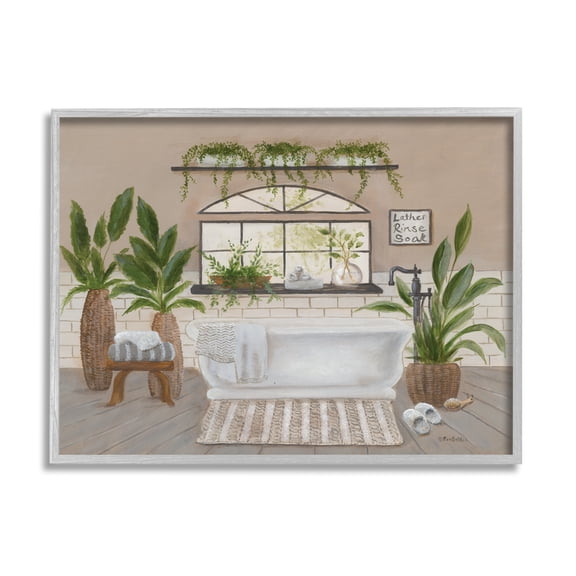 Stupell Lather Rinse Soak Bathroom Greenery Typography Painting Gray Framed Art Print Wall Art