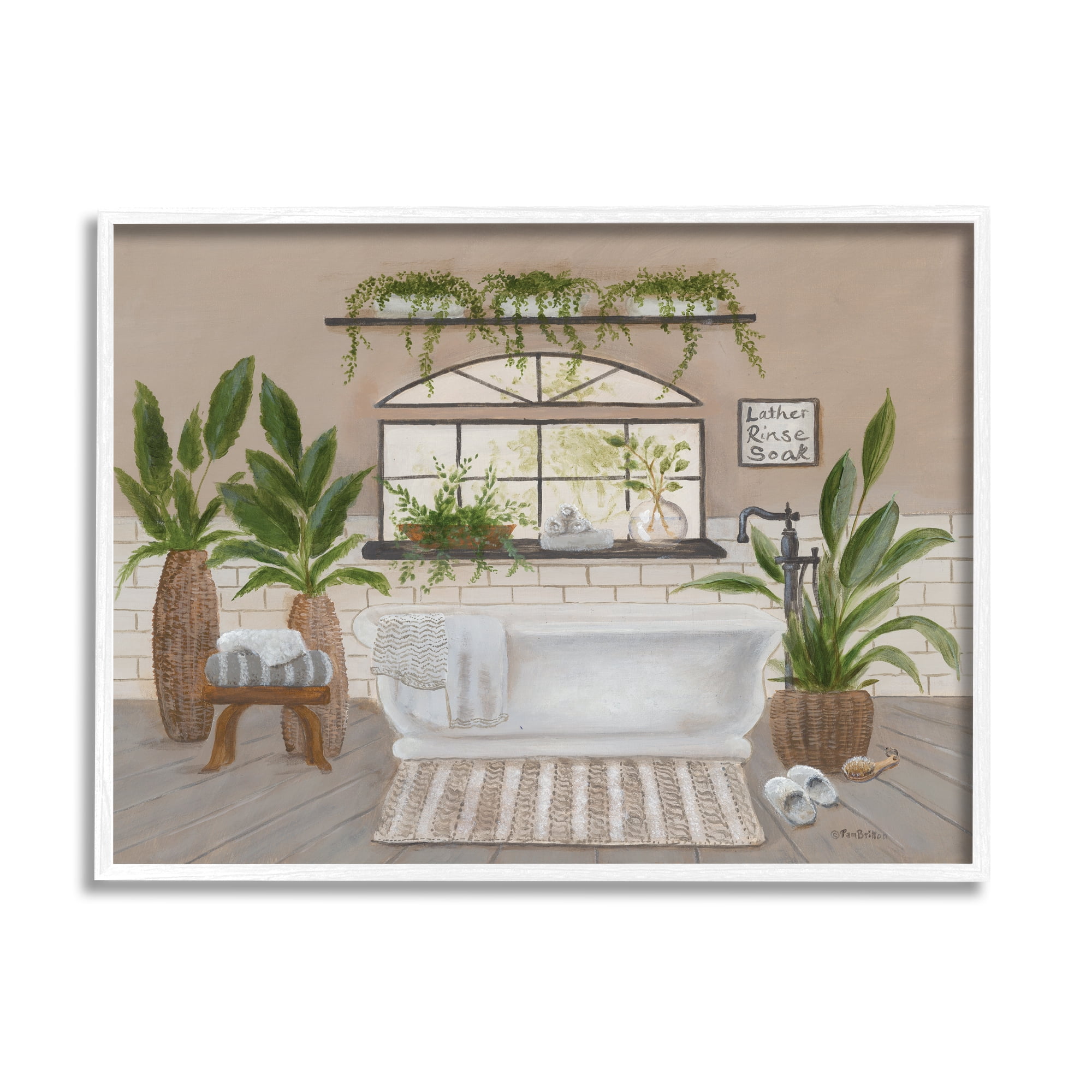 Stupell Lather Rinse Soak Bathroom Greenery Typography Painting White Framed Art Print Wall Art