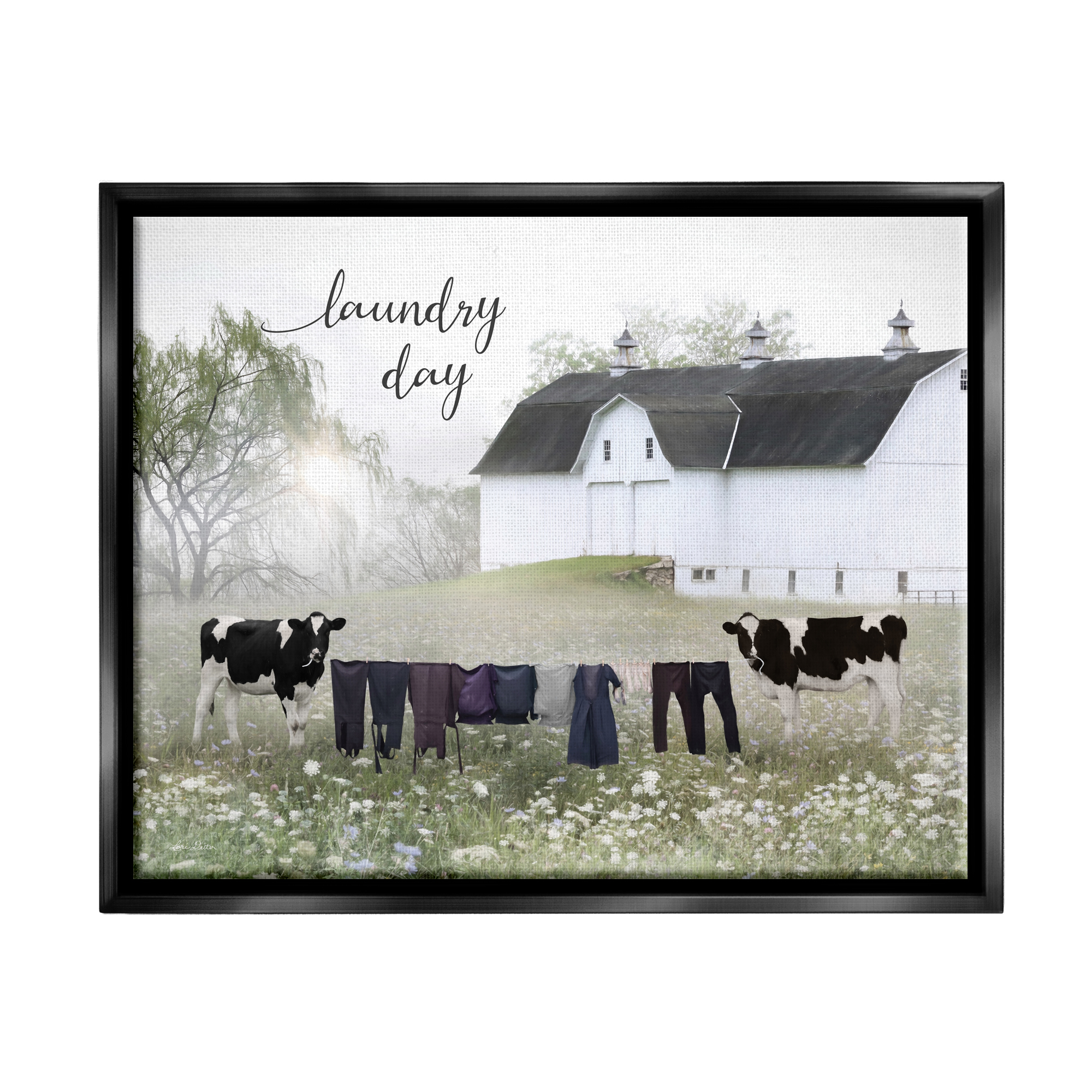 Stupell Laundry Day Rural Cows Meadow Nature Painting Black Floater Framed Art Print Wall Art
