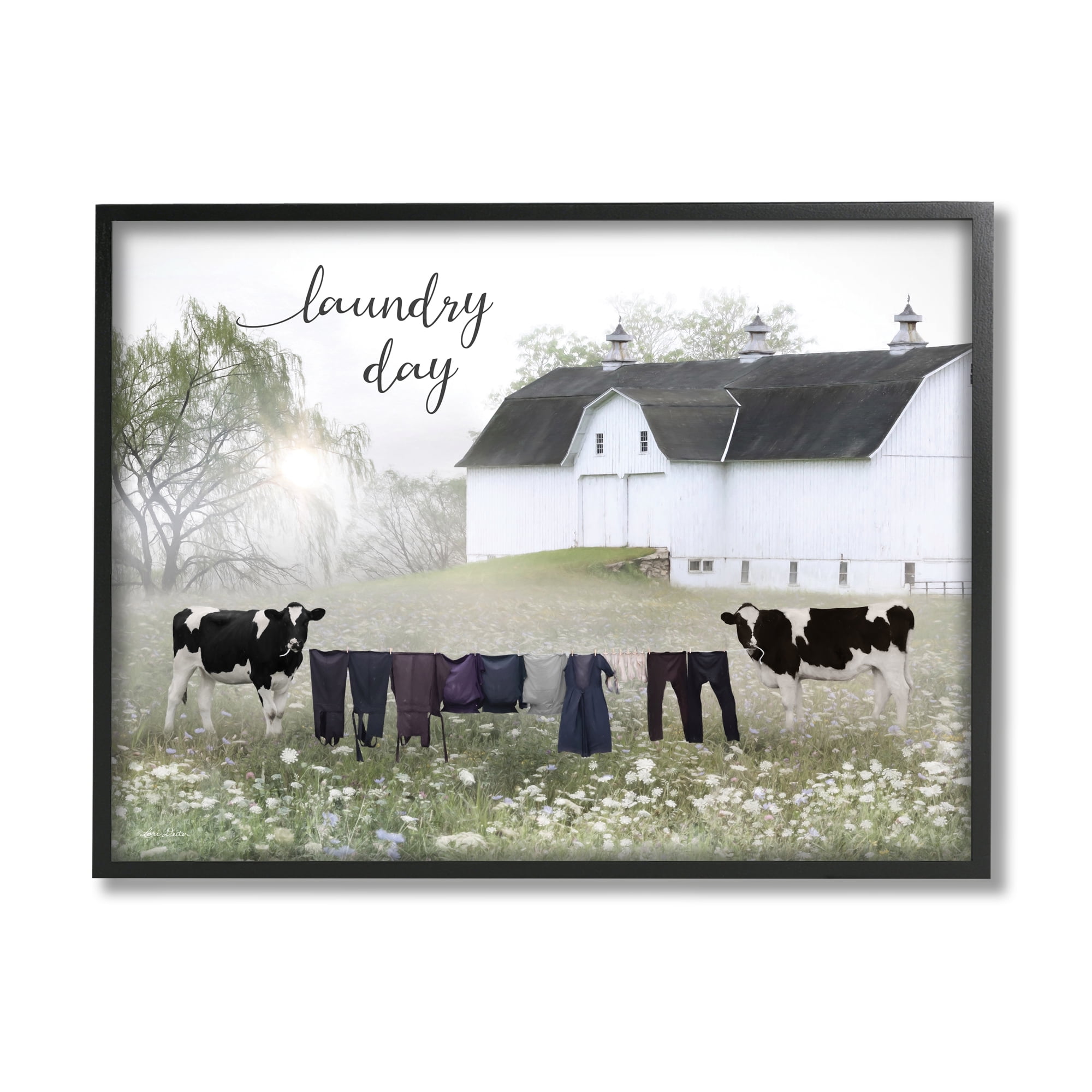 Stupell Laundry Day Rural Cows Meadow Nature Painting Black Framed Art Print Wall Art