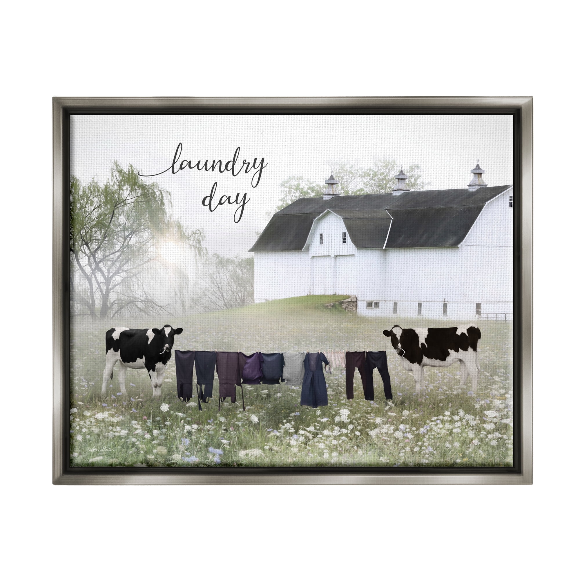 Stupell Laundry Day Rural Cows Meadow Nature Painting Gray Floater Framed Art Print Wall Art