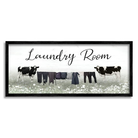 Stupell Laundry Room Clothes Drying Cows Nature Painting Black Framed Art Print Wall Art