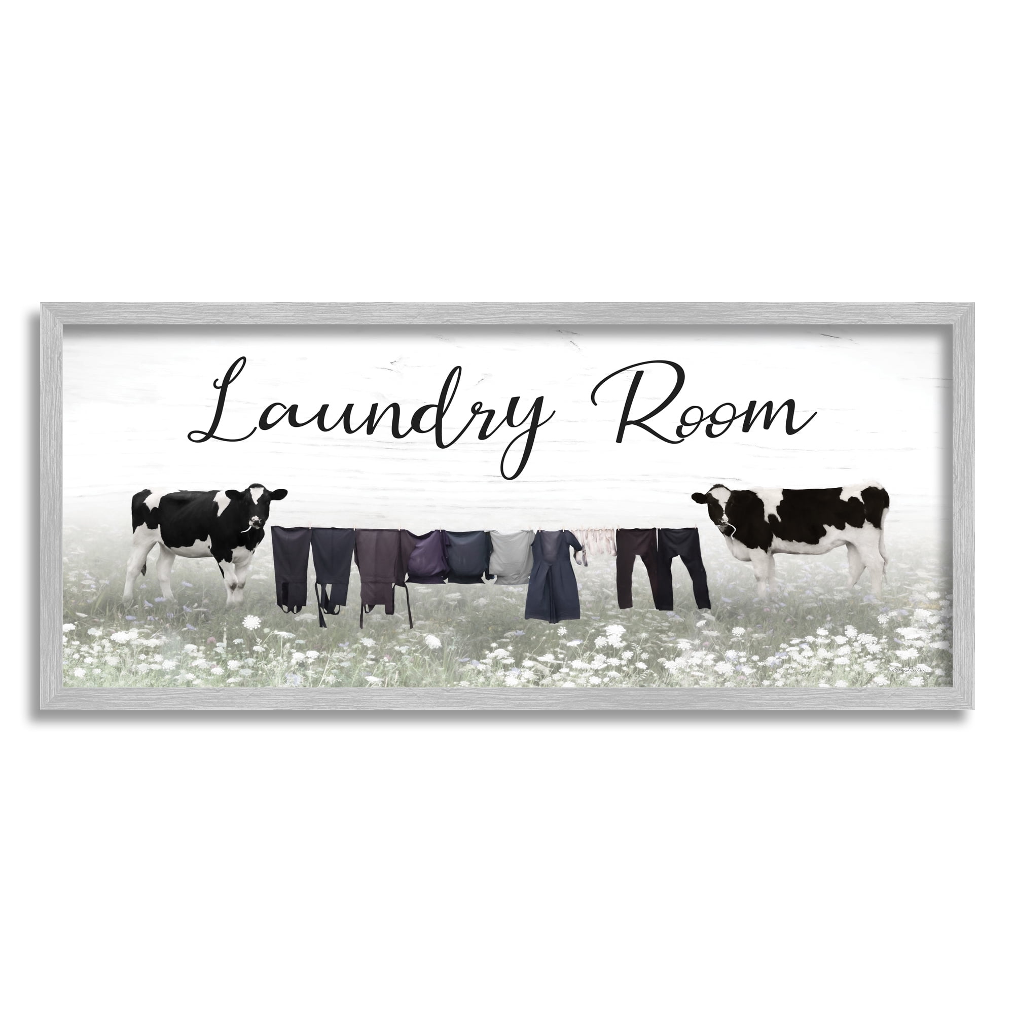 Stupell Laundry Room Clothes Drying Cows Nature Painting Gray Framed Art Print Wall Art