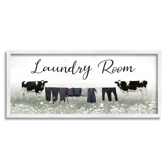 Stupell Laundry Room Clothes Drying Cows Nature Painting White Framed Art Print Wall Art