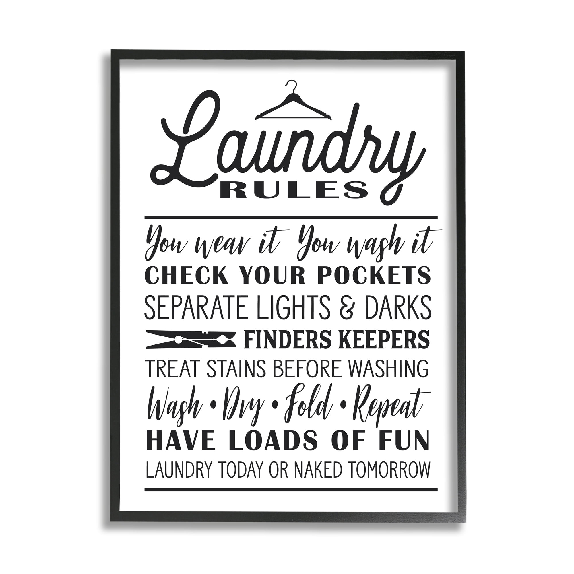 Stupell Laundry Rules w/ Hanger Typography Framed Giclee Texture Art Black Framed - 11 x 14