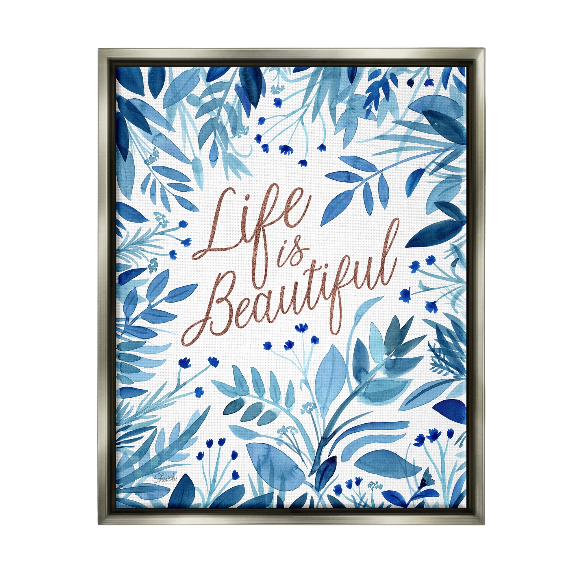 Stupell Life Is Beautiful Blue Wildflowers Botanical & Floral Painting Gray Floater Framed Art Print Wall Art