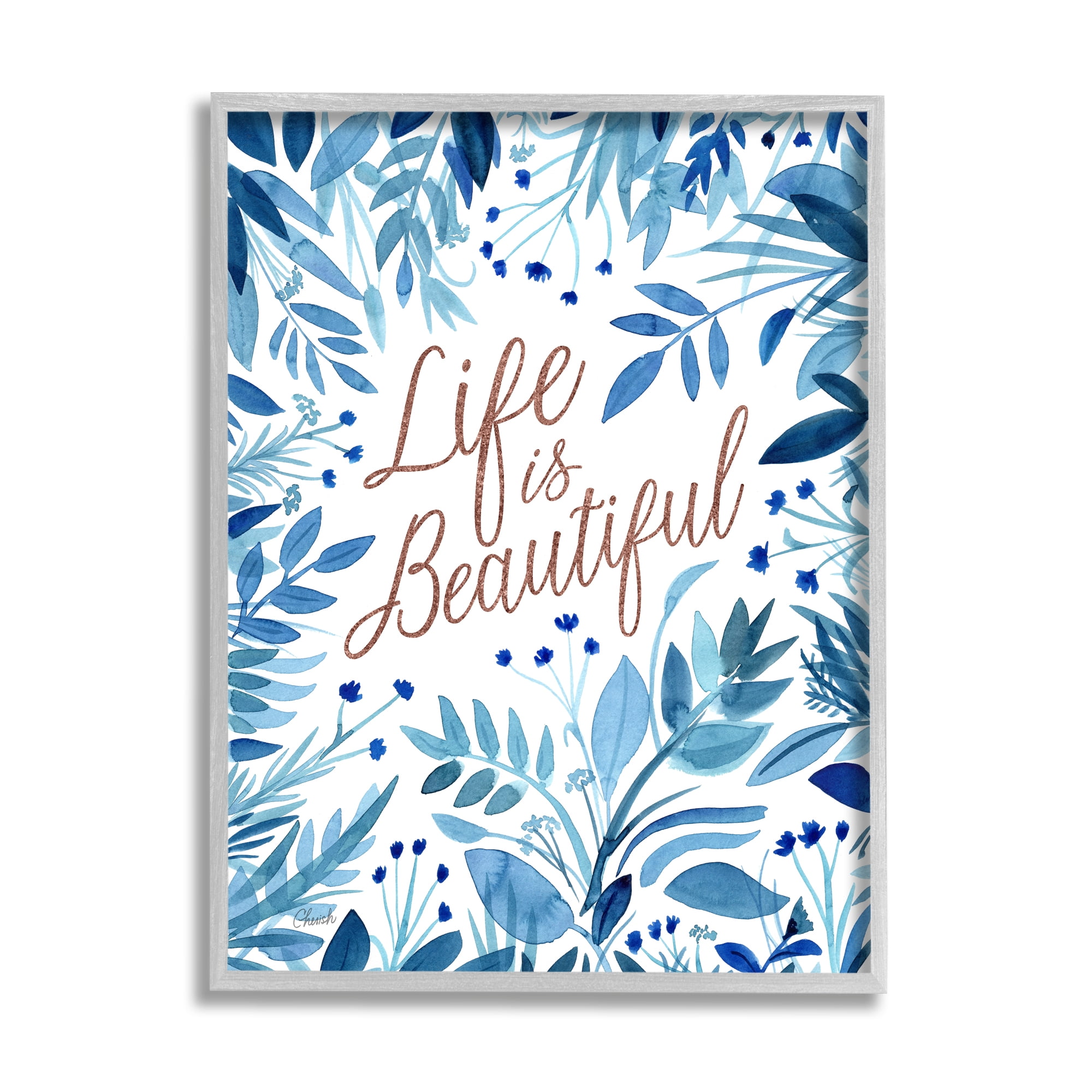 Stupell Life Is Beautiful Blue Wildflowers Botanical & Floral Painting Gray Framed Art Print Wall Art