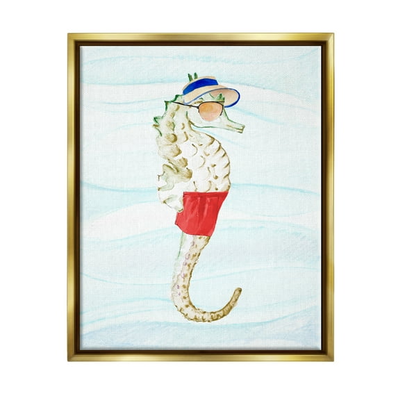 Stupell Lifeguard Seahorse Funny Nautical Landscape Painting Gold Floater Framed Art Print Wall Art