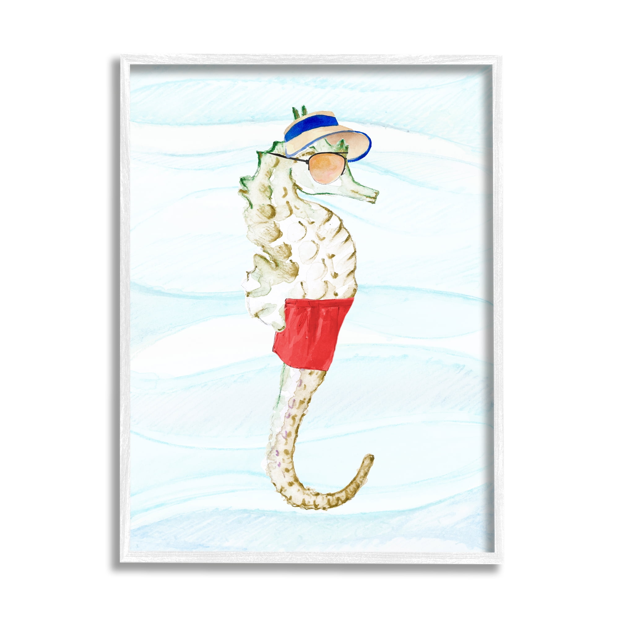 Stupell Lifeguard Seahorse Funny Nautical Landscape Painting White Framed Art Print Wall Art