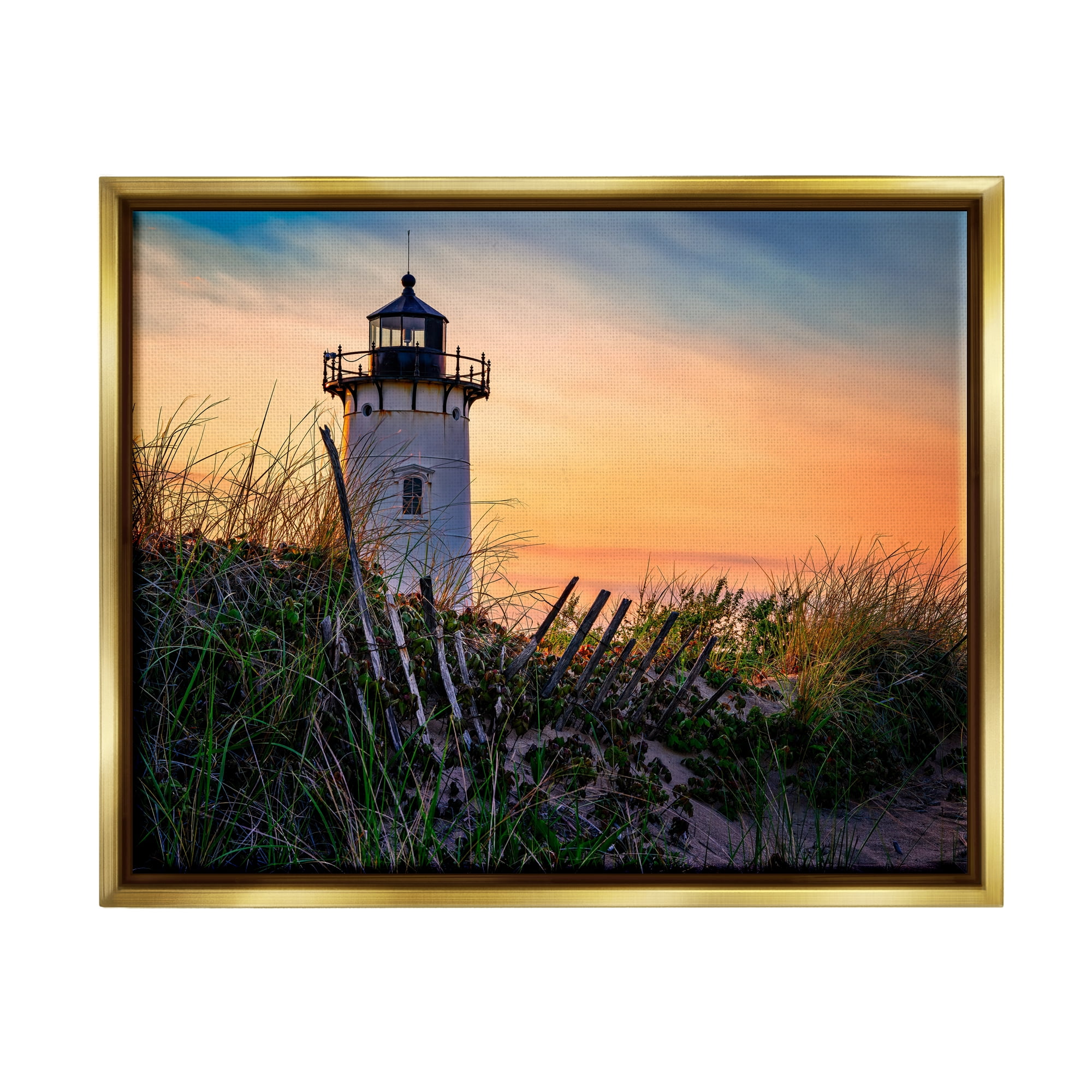 Stupell Lighthouse Sunset Coastal Nature Landscape Photography Gold Floater Framed Art Print Wall Art