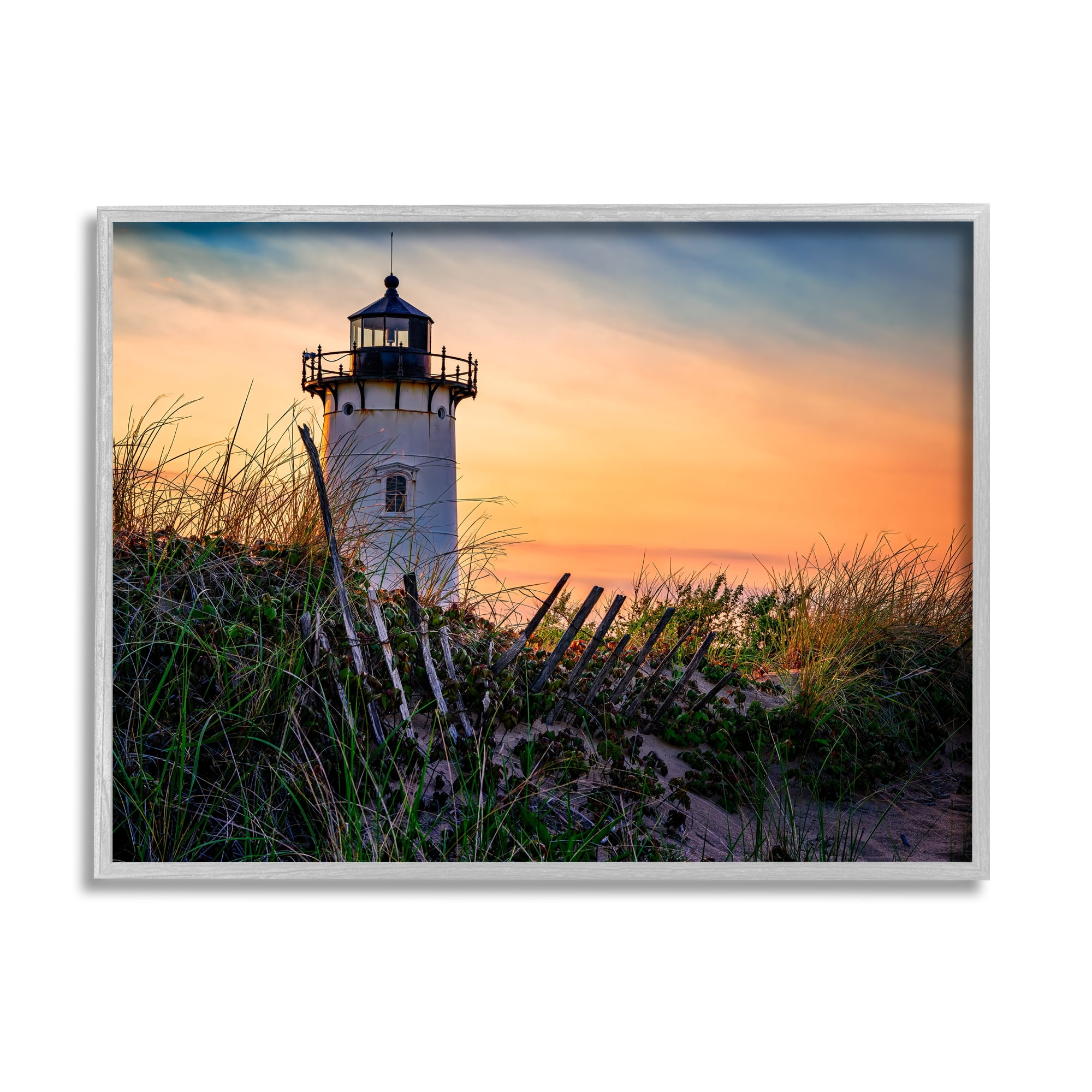 Stupell Lighthouse Sunset Coastal Nature Landscape Photography Gray Framed Art Print Wall Art
