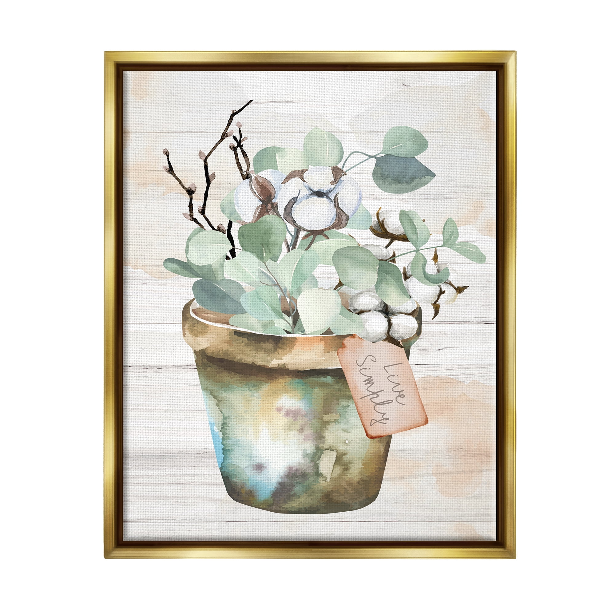Stupell Live Simply Potted Eucalyptus Plant Botanical & Floral Painting Gold Floater Framed Art Print Wall Art
