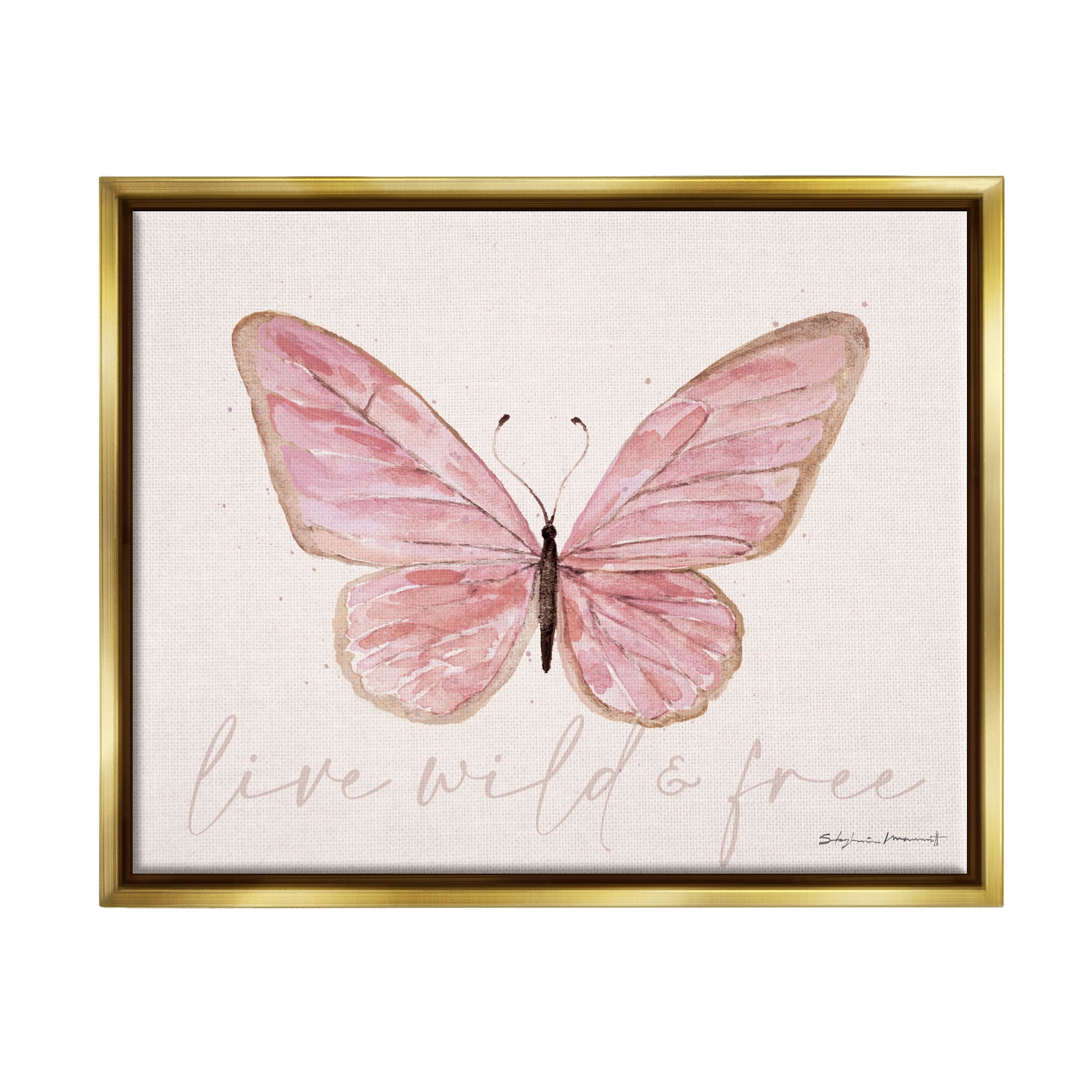 Stupell Live Wild & Free Pink Butterfly Animals & Insects Painting Gold Floater Framed Art Print Wall Art
