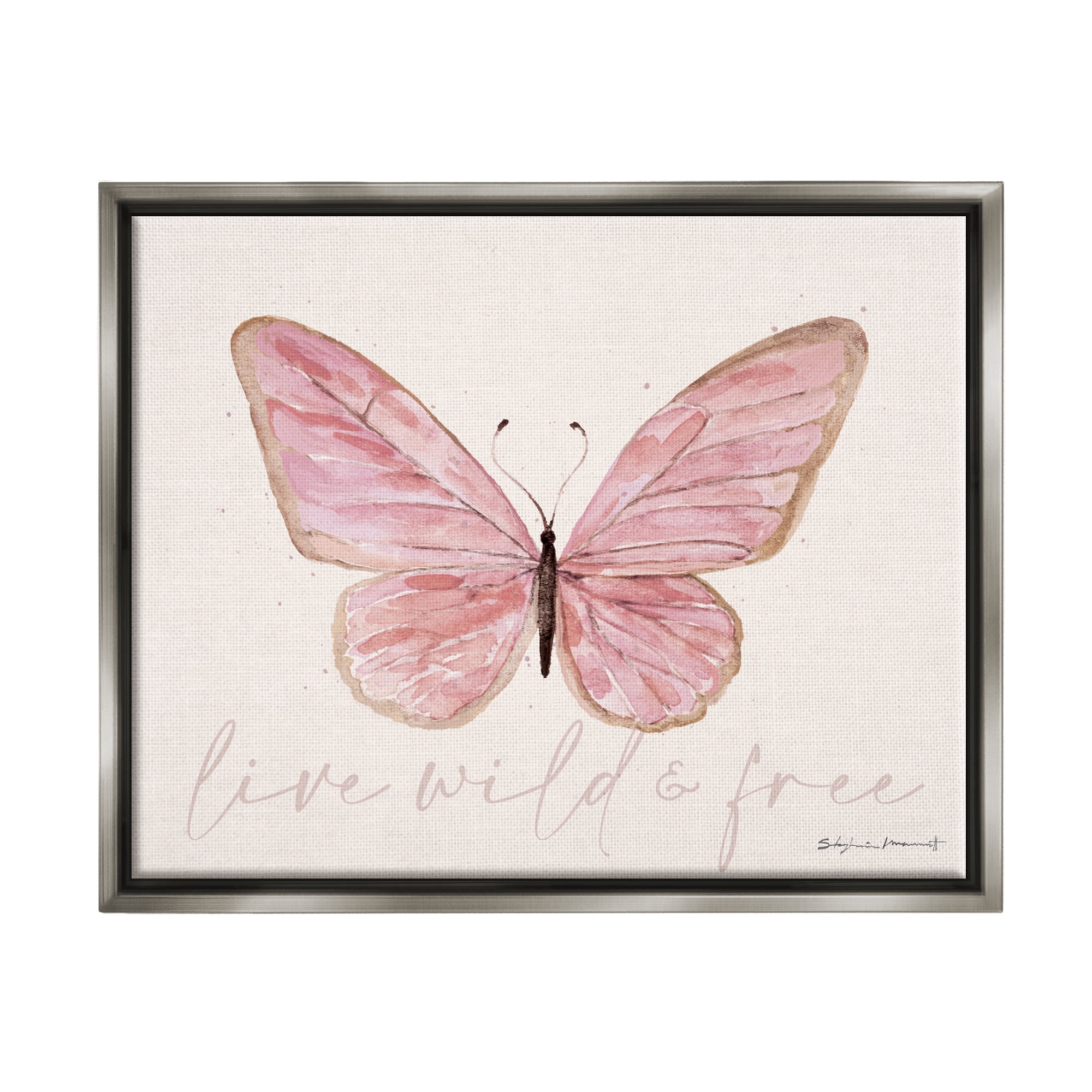 Stupell Live Wild & Free Pink Butterfly Animals & Insects Painting Gray Floater Framed Art Print Wall Art