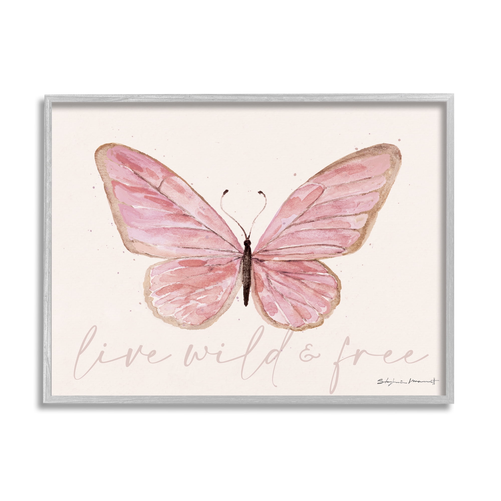 Stupell Live Wild & Free Pink Butterfly Animals & Insects Painting Gray Framed Art Print Wall Art