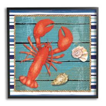 Stupell Lobster & Shells Coastal Stripes Landscape Painting Black Framed Art Print Wall Art