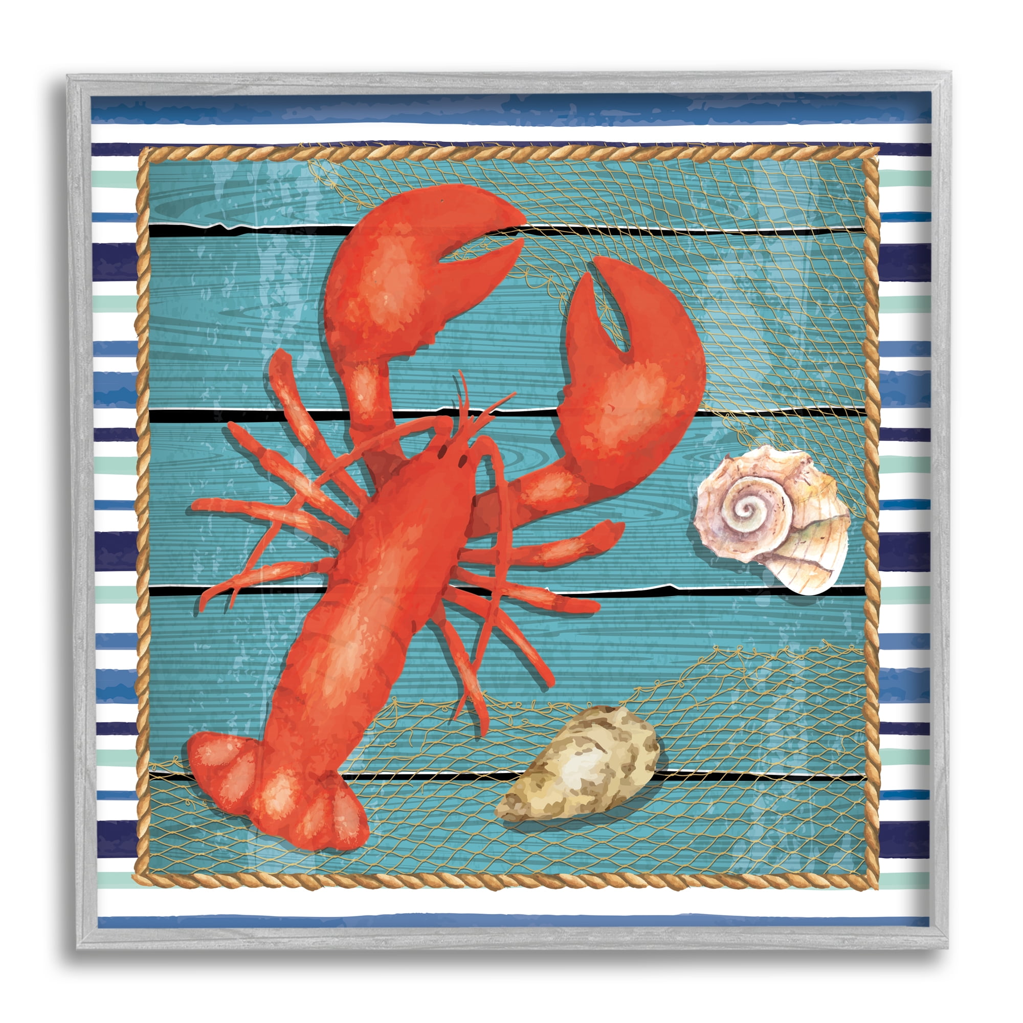 Stupell Lobster & Shells Coastal Stripes Landscape Painting Gray Framed Art Print Wall Art