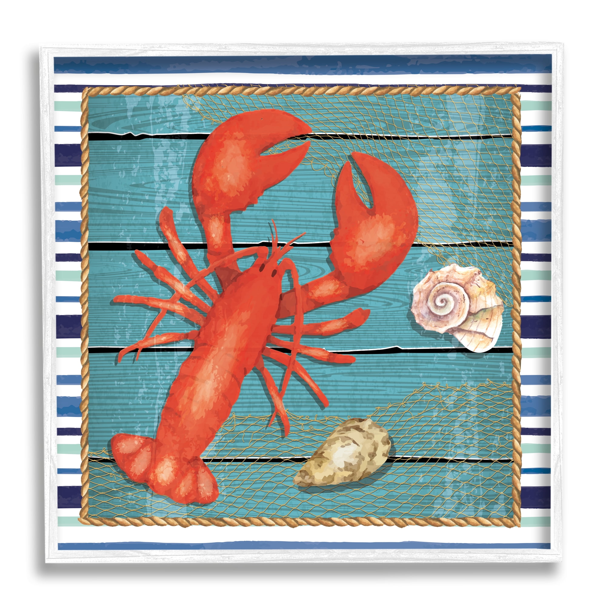 Stupell Lobster & Shells Coastal Stripes Landscape Painting White Framed Art Print Wall Art