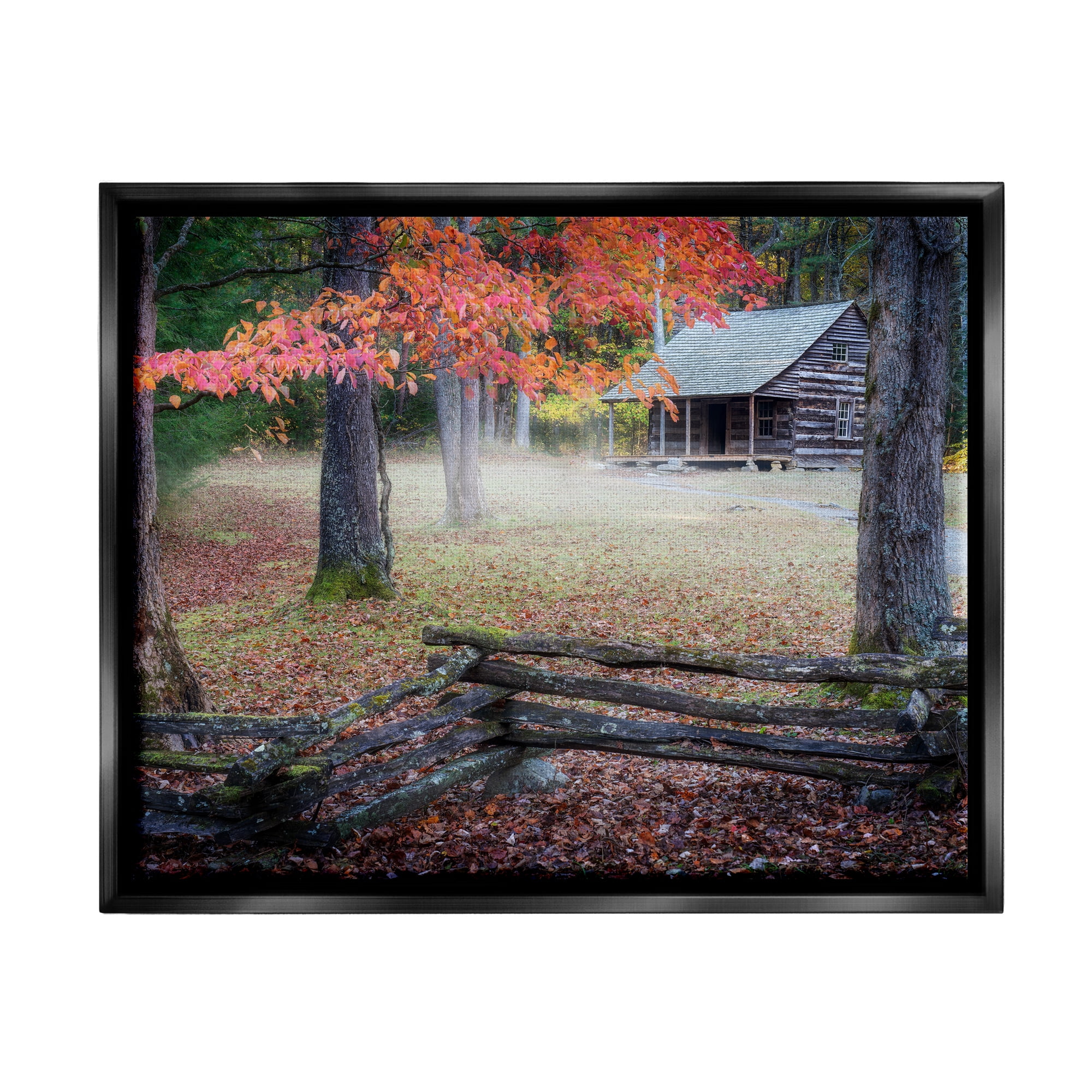 Stupell Log Cabin Woody Autumn Foliage Landscape Photography Black Floater Framed Art Print Wall Art