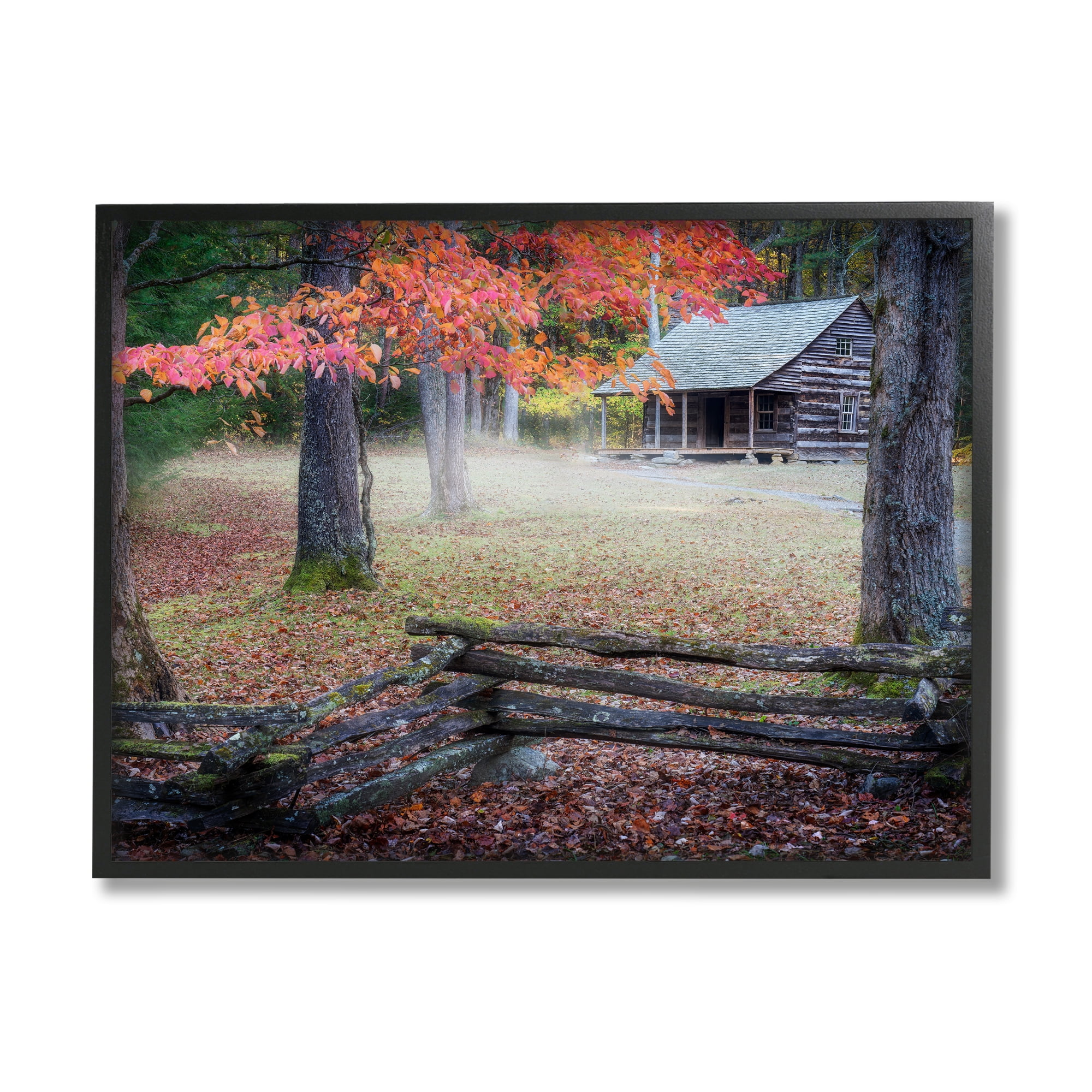 Stupell Log Cabin Woody Autumn Foliage Landscape Photography Black Framed Art Print Wall Art