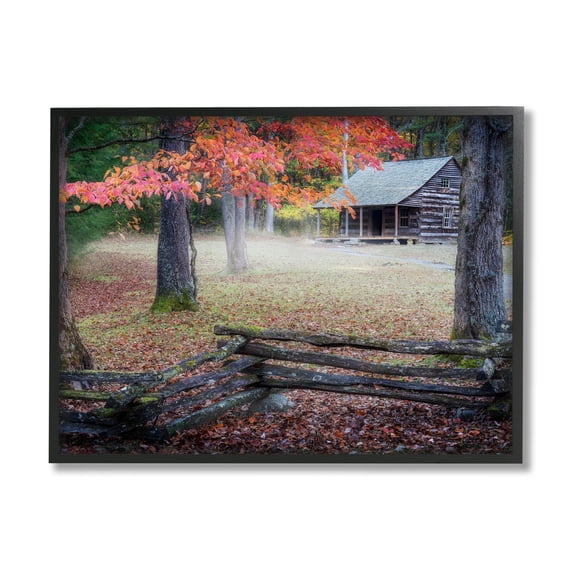 Stupell Log Cabin Woody Autumn Foliage Landscape Photography Black Framed Art Print Wall Art