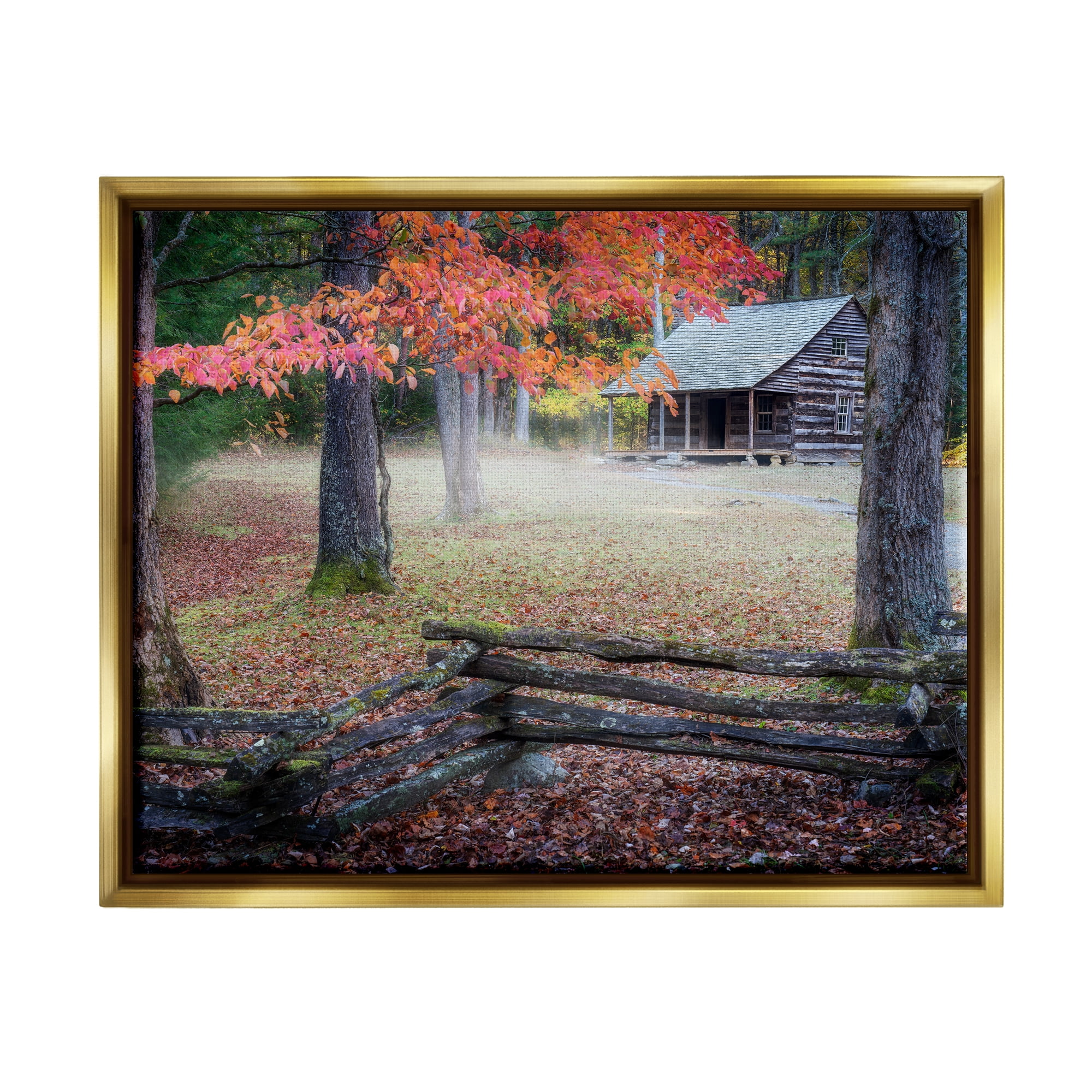 Stupell Log Cabin Woody Autumn Foliage Landscape Photography Gold Floater Framed Art Print Wall Art