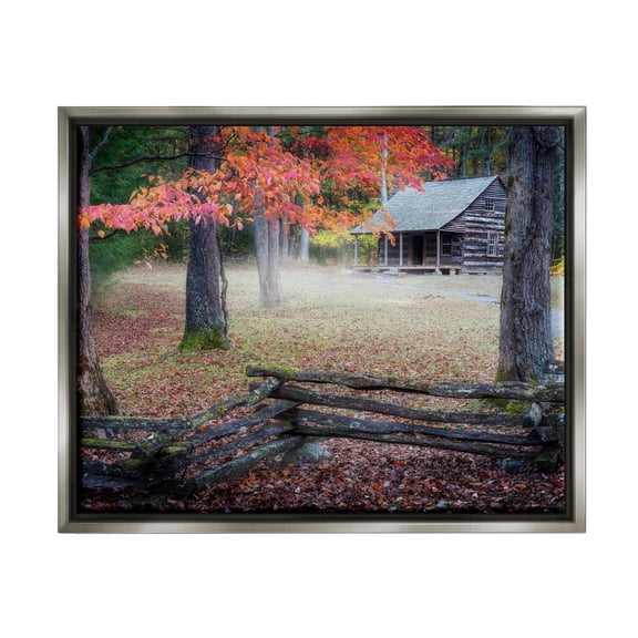 Stupell Log Cabin Woody Autumn Foliage Landscape Photography Gray Floater Framed Art Print Wall Art