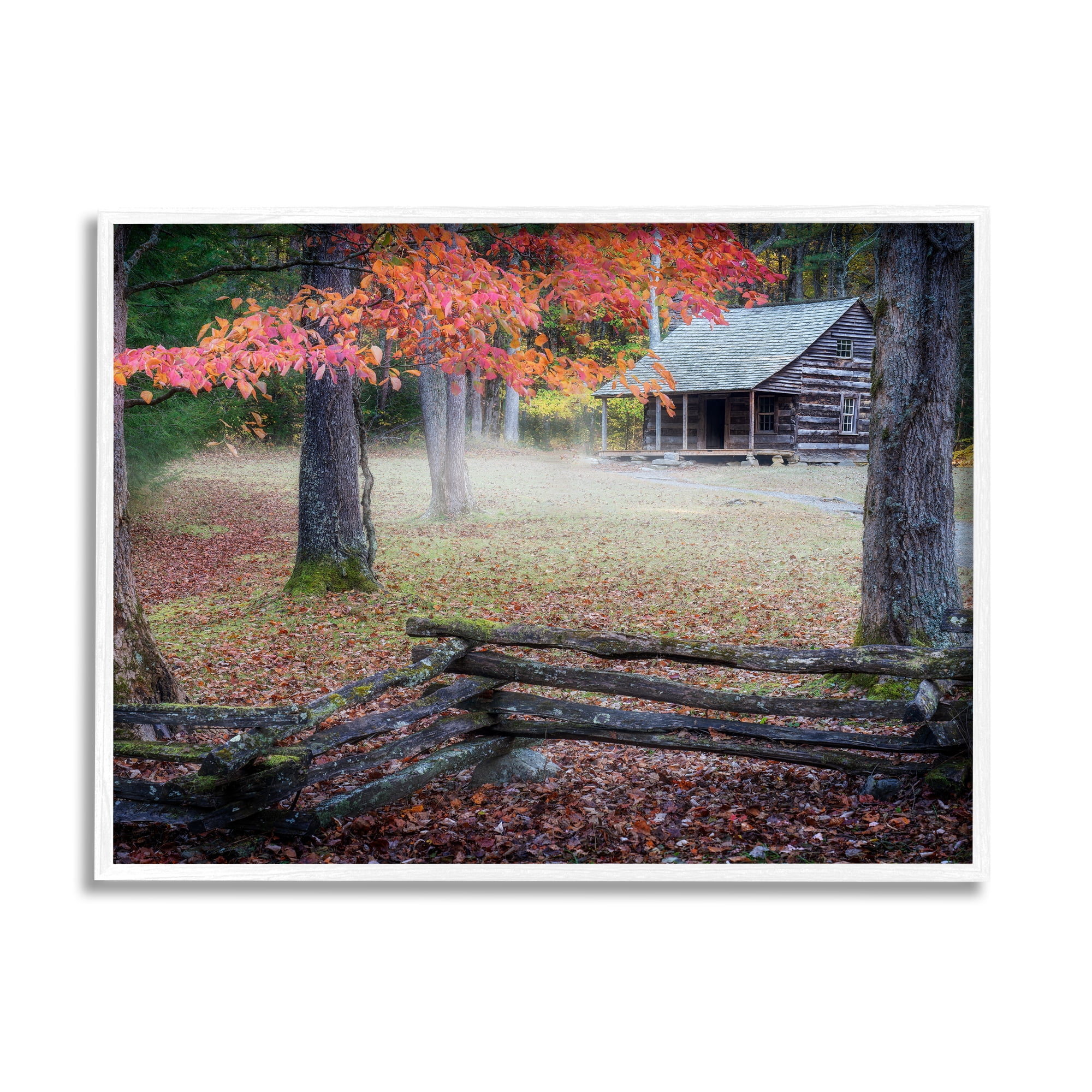 Stupell Log Cabin Woody Autumn Foliage Landscape Photography White Framed Art Print Wall Art