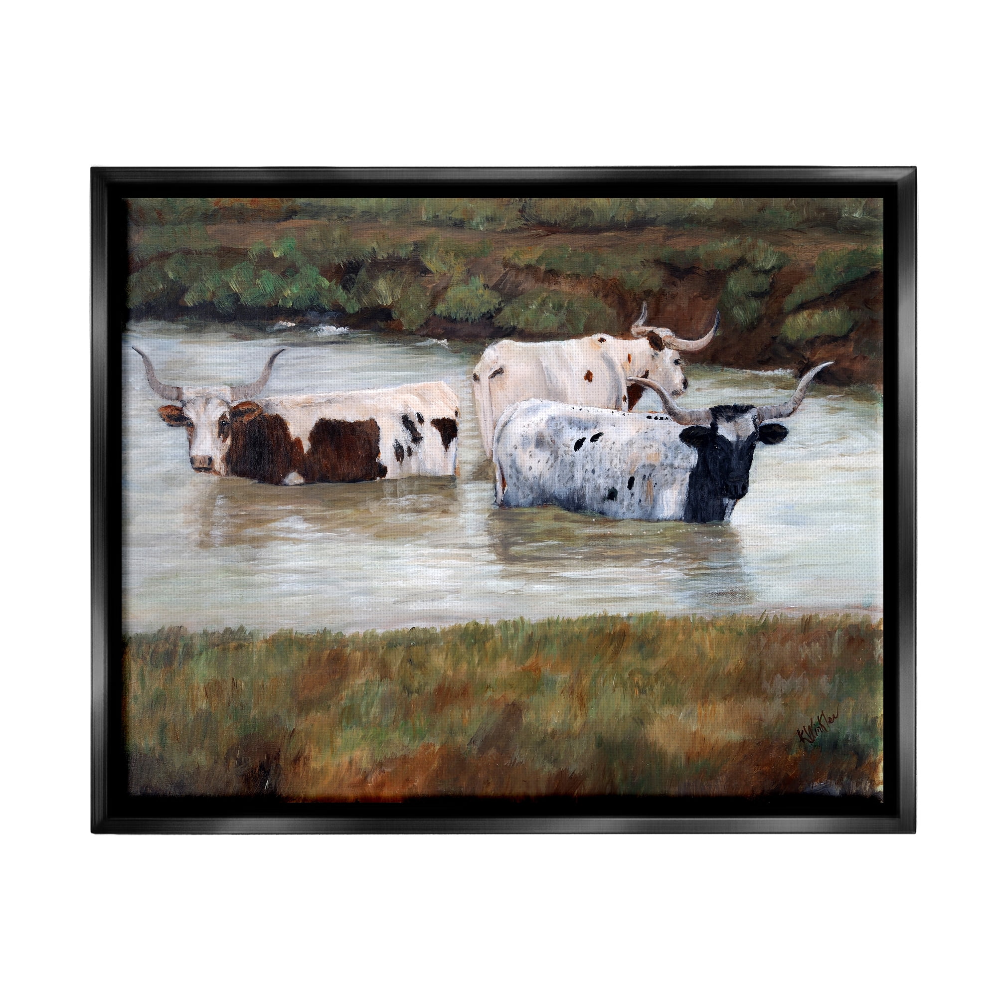 Stupell Longhorn Cattle Bathing Rural Pond Animals & Insects Painting Black Floater Framed Art Print Wall Art