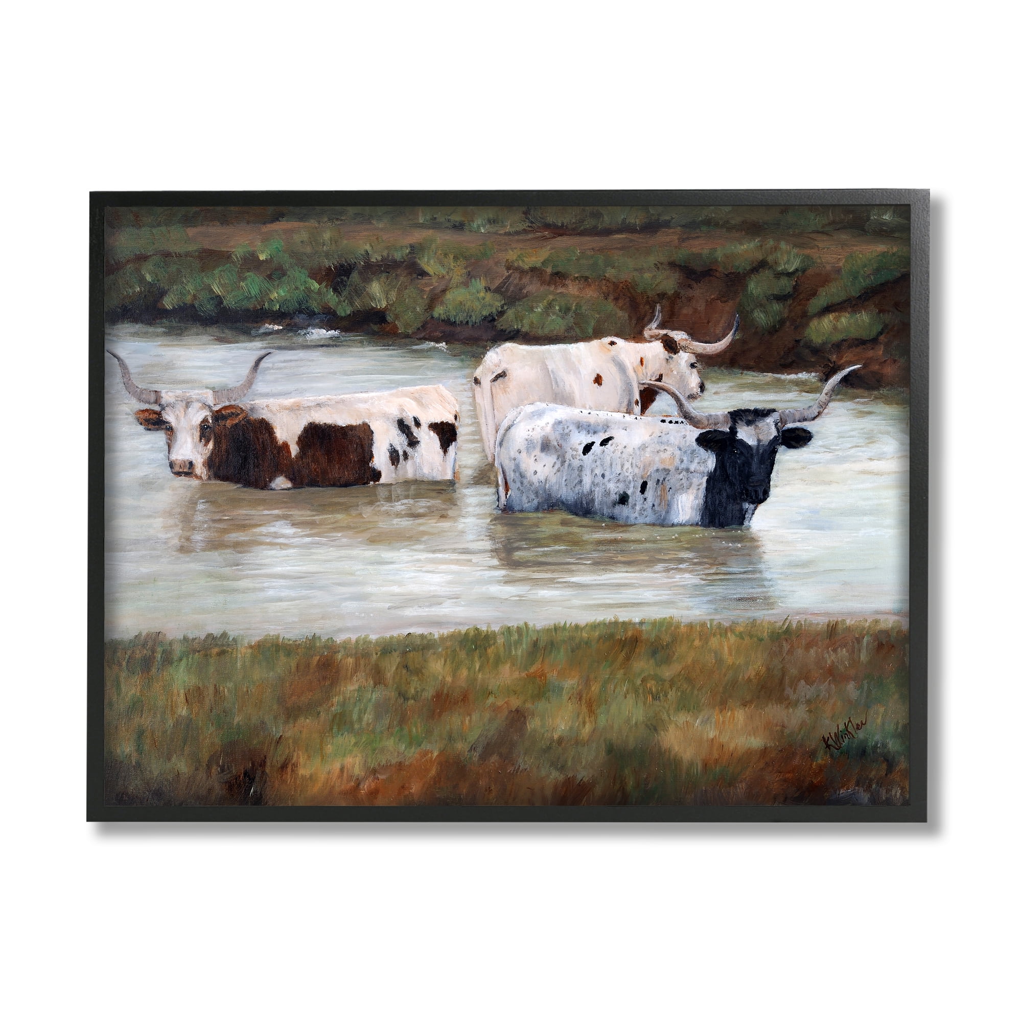Stupell Longhorn Cattle Bathing Rural Pond Animals & Insects Painting Black Framed Art Print Wall Art