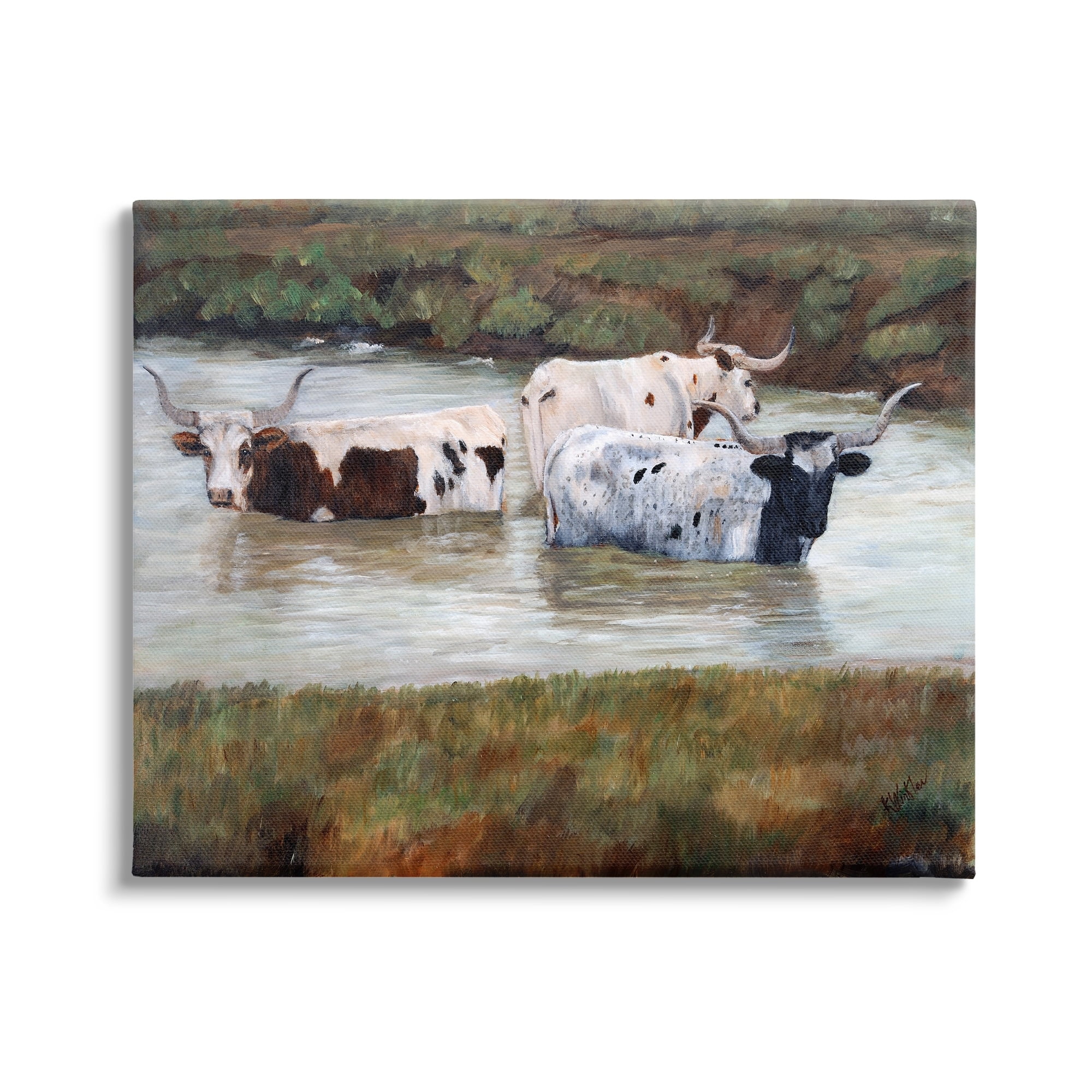 Stupell Longhorn Cattle Bathing Rural Pond Animals & Insects Painting Gallery Wrapped Canvas Print Wall Art