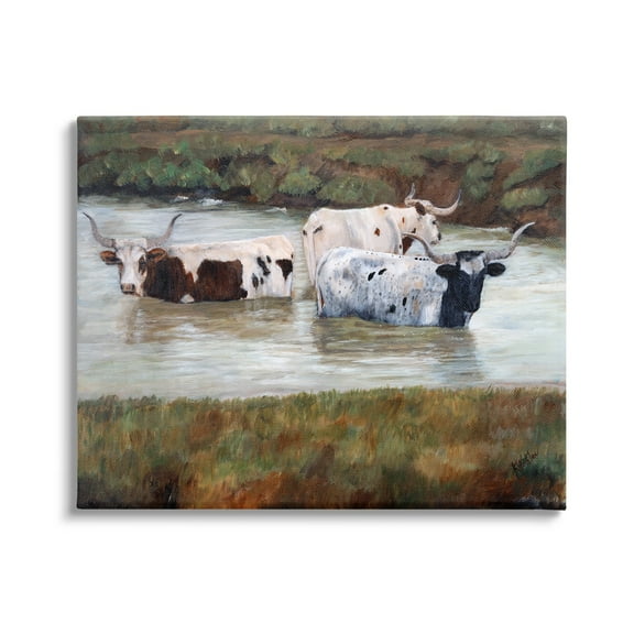Stupell Longhorn Cattle Bathing Rural Pond Animals & Insects Painting Gallery Wrapped Canvas Print Wall Art