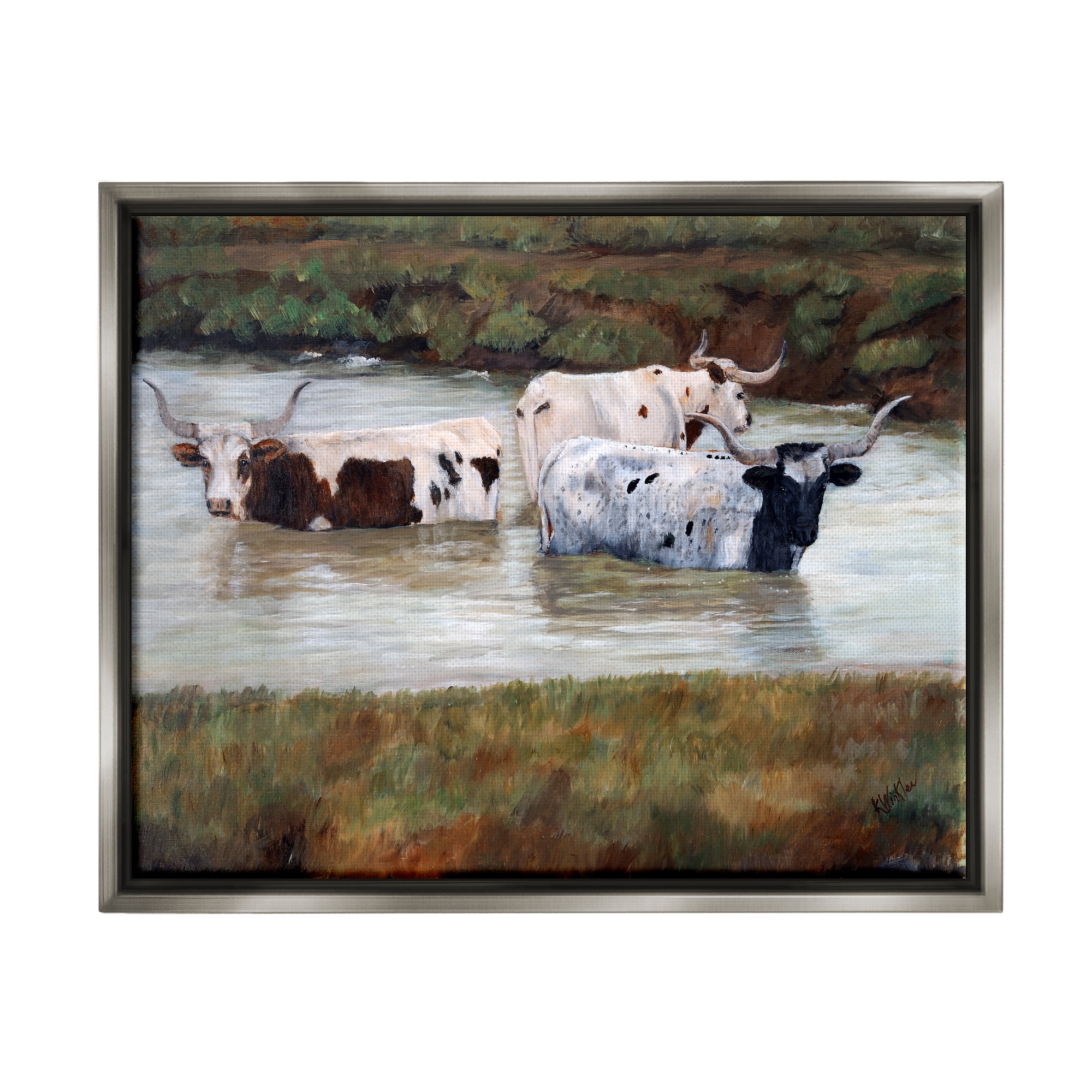 Stupell Longhorn Cattle Bathing Rural Pond Animals & Insects Painting Gray Floater Framed Art Print Wall Art