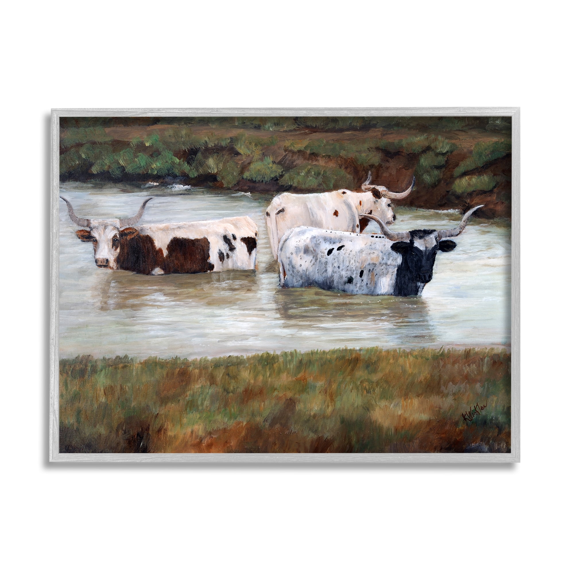 Stupell Longhorn Cattle Bathing Rural Pond Animals & Insects Painting Gray Framed Art Print Wall Art