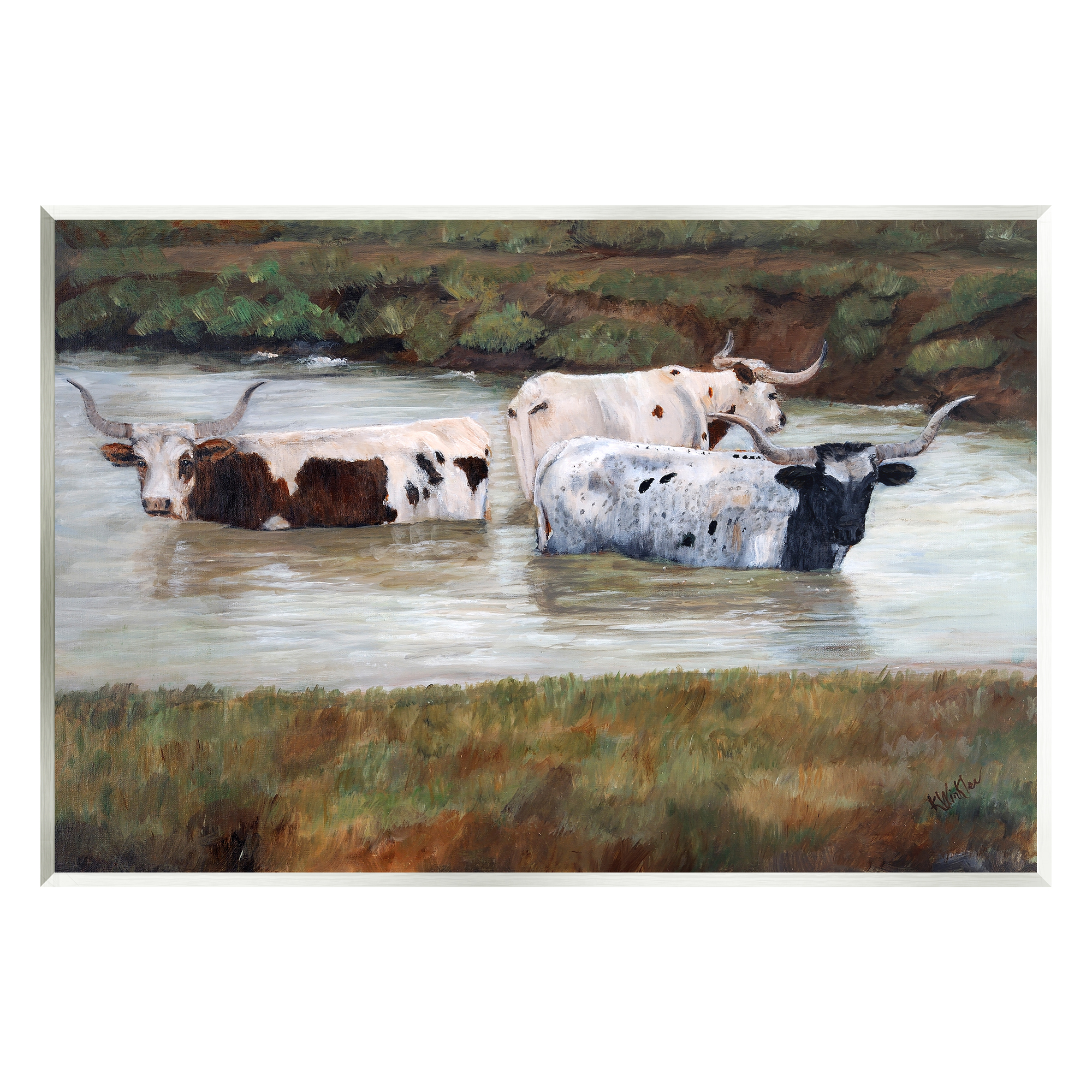 Stupell Longhorn Cattle Bathing Rural Pond Animals & Insects Painting Wall Plaque Unframed Art Print Wall Art