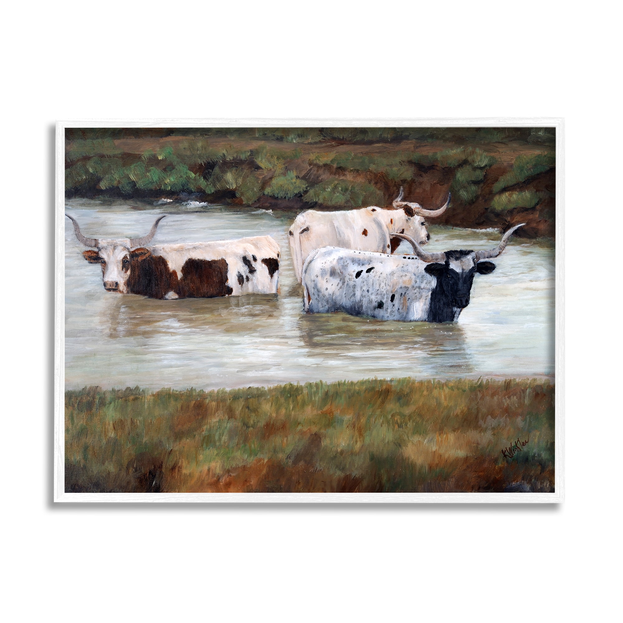 Stupell Longhorn Cattle Bathing Rural Pond Animals & Insects Painting White Framed Art Print Wall Art