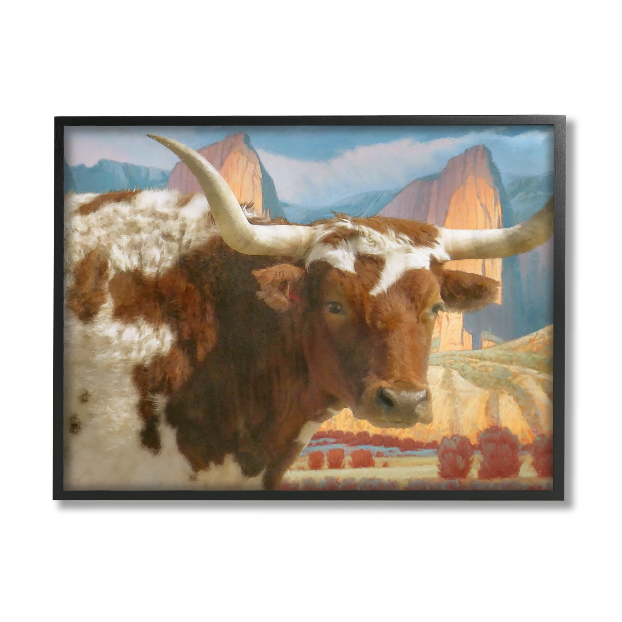Stupell Longhorn Cattle Farm Landscape Animals & Insects Painting Black Framed Art Print Wall Art