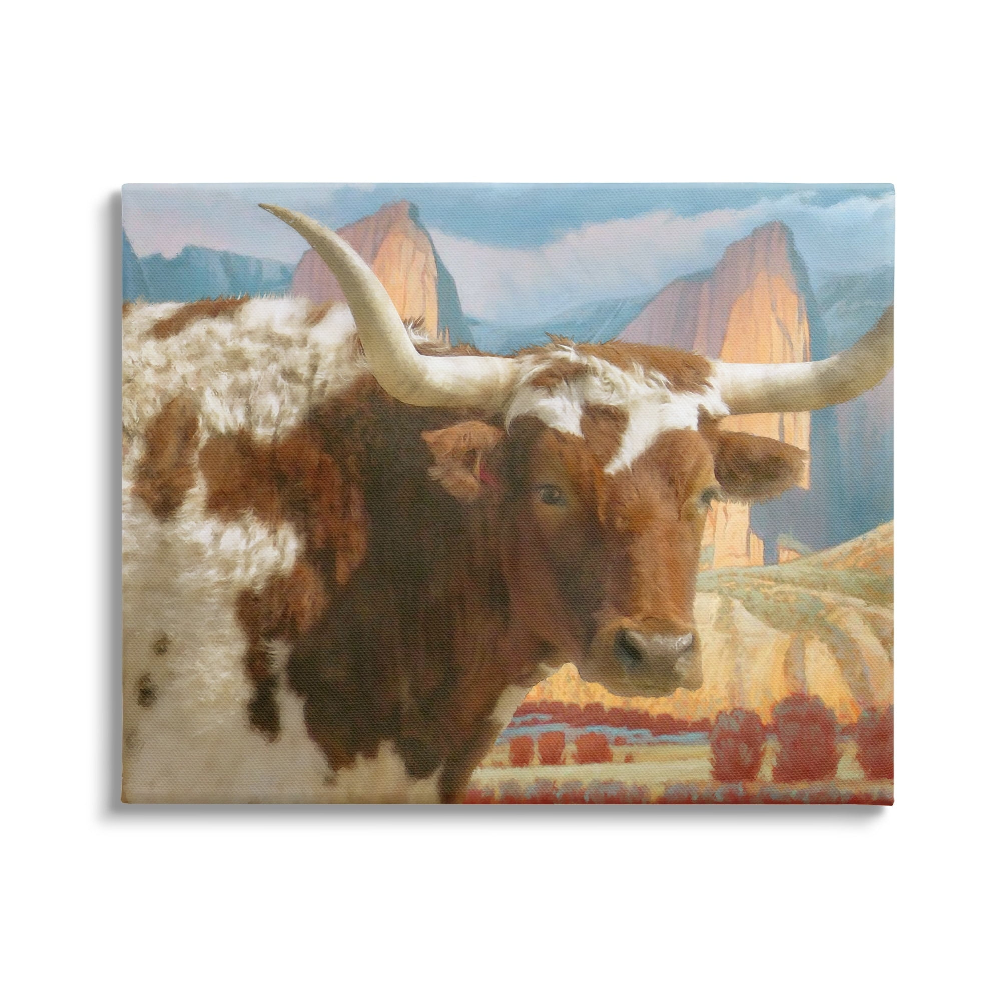 Stupell Longhorn Cattle Farm Landscape Animals & Insects Painting Gallery Wrapped Canvas Print Wall Art