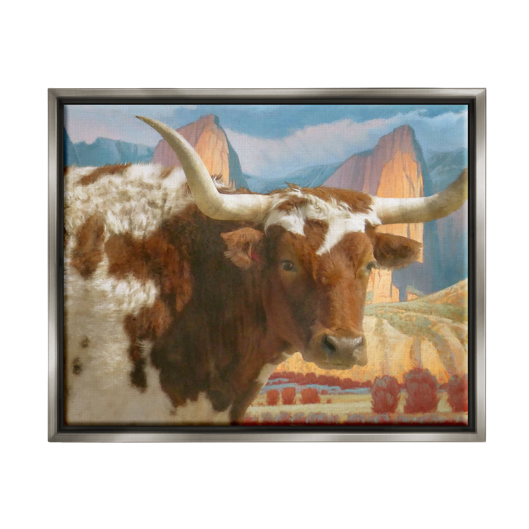 Stupell Longhorn Cattle Farm Landscape Animals & Insects Painting Gray Floater Framed Art Print Wall Art