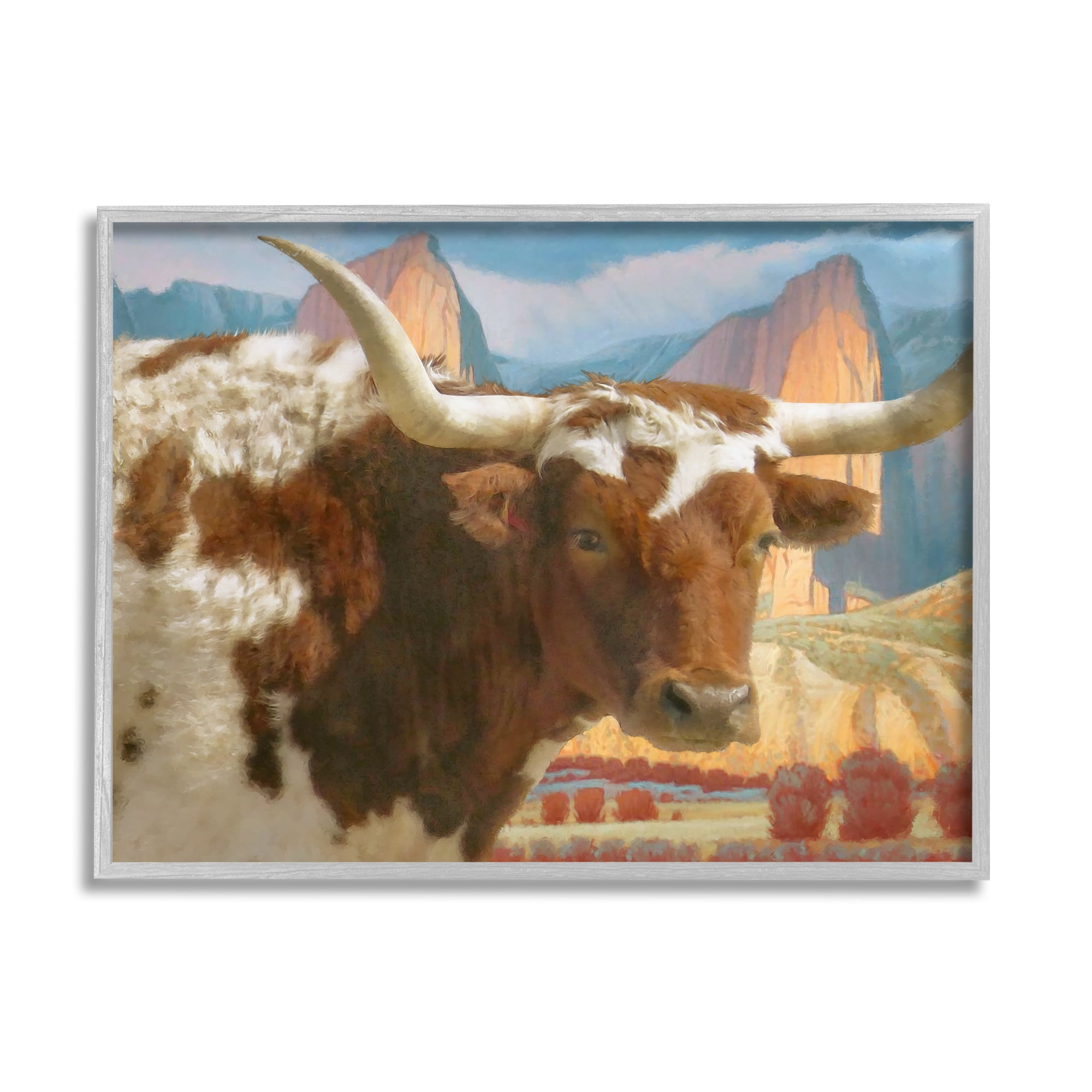 Stupell Longhorn Cattle Farm Landscape Animals & Insects Painting Gray Framed Art Print Wall Art