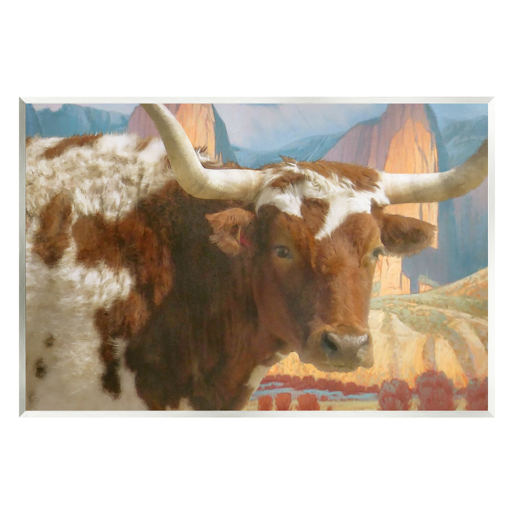 Stupell Longhorn Cattle Farm Landscape Animals & Insects Painting Wall Plaque Unframed Art Print Wall Art
