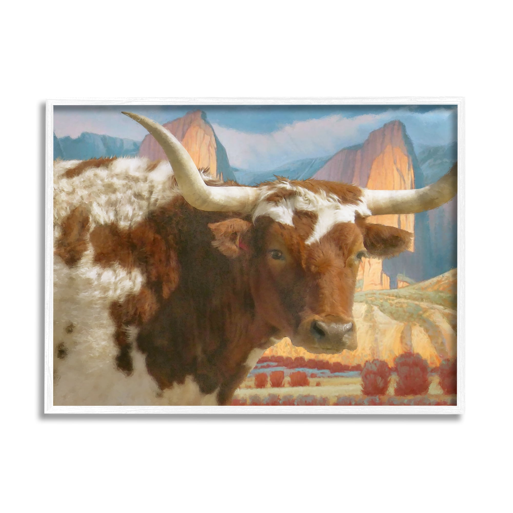 Stupell Longhorn Cattle Farm Landscape Animals & Insects Painting White Framed Art Print Wall Art