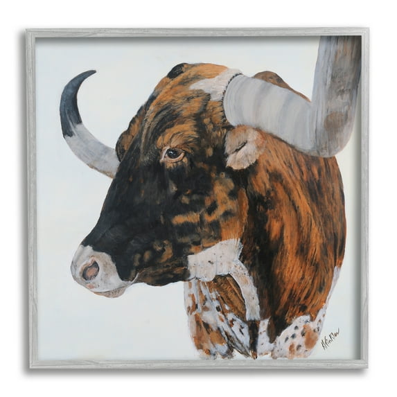 Stupell Longhorn Cattle Farmhouse Portrait Animals & Insects Painting Gray Framed Art Print Wall Art