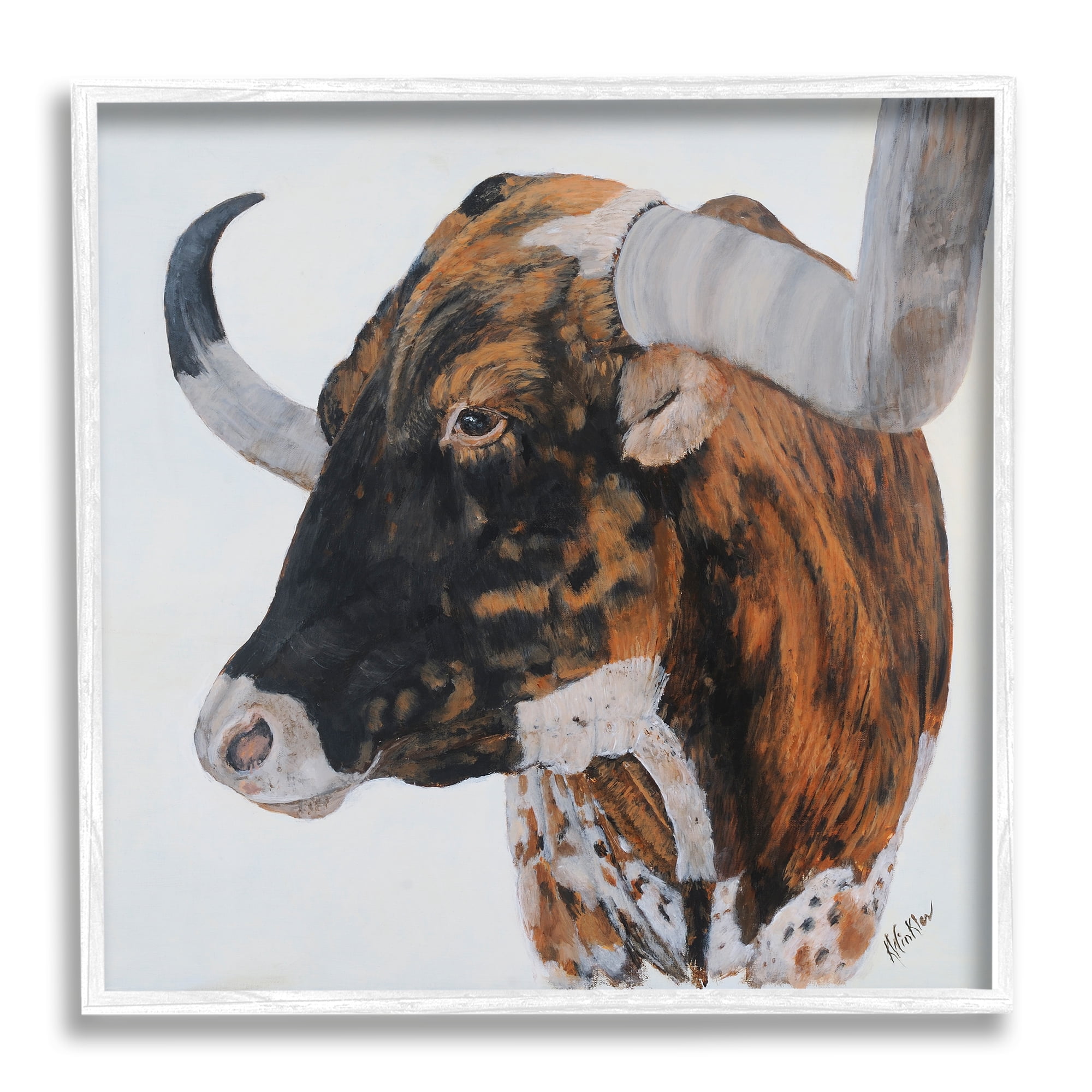 Stupell Longhorn Cattle Farmhouse Portrait Animals & Insects Painting White Framed Art Print Wall Art