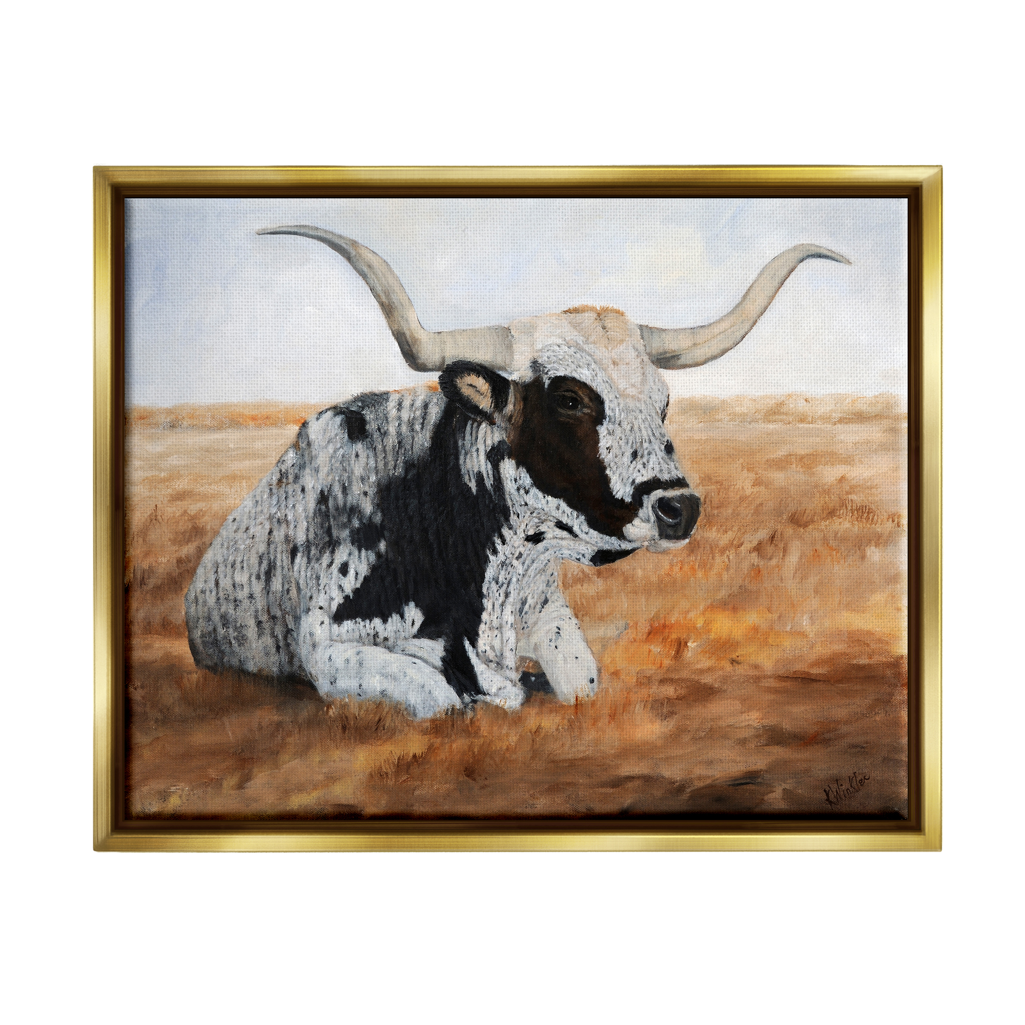 Stupell Longhorn Cattle Prairie Portrait Animals & Insects Painting Gold Floater Framed Art Print Wall Art