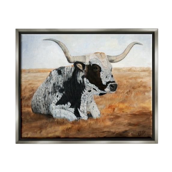 Stupell Longhorn Cattle Prairie Portrait Animals & Insects Painting Gray Floater Framed Art Print Wall Art